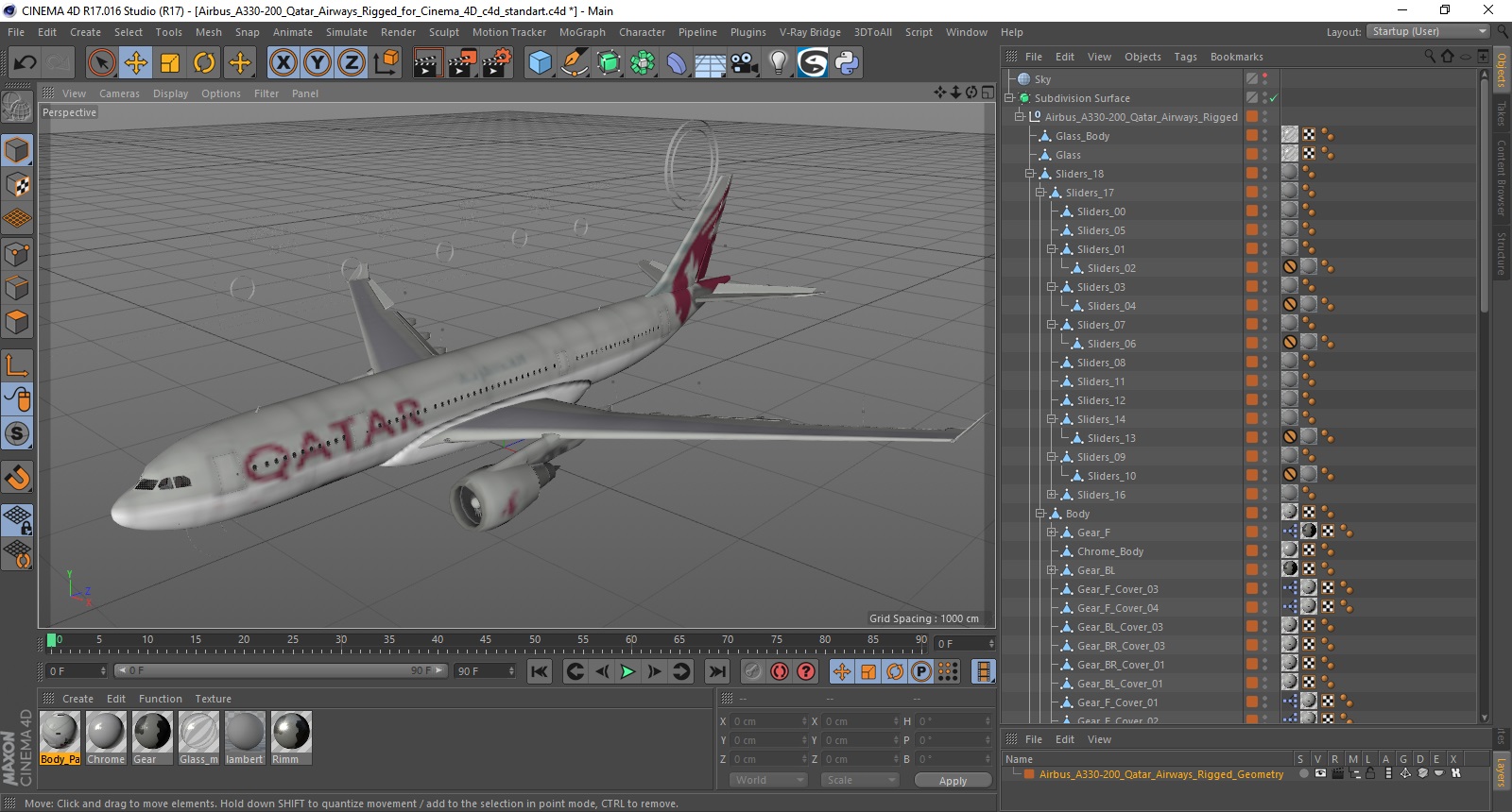 3D model Airbus A330-200 Qatar Airways Rigged for Cinema 4D