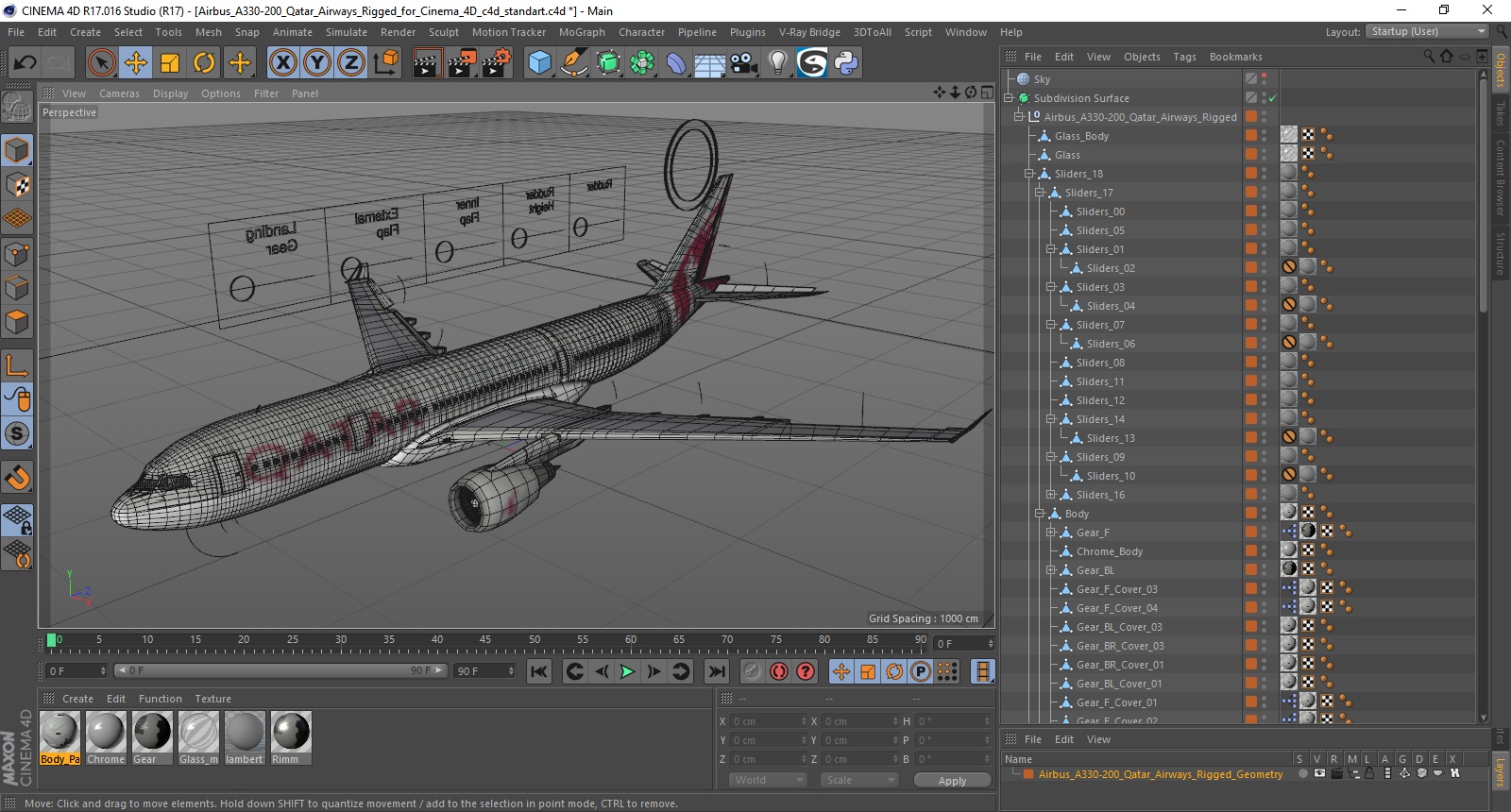 3D model Airbus A330-200 Qatar Airways Rigged for Cinema 4D