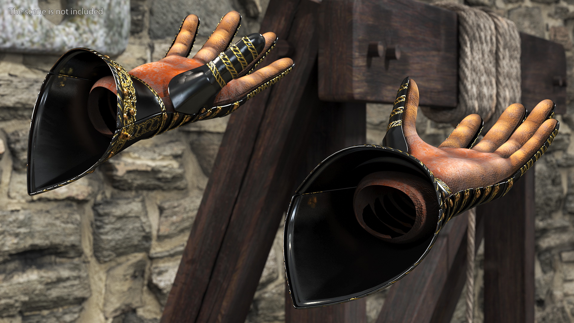 Medieval Knight Black Gold Armor Gauntlets 3D