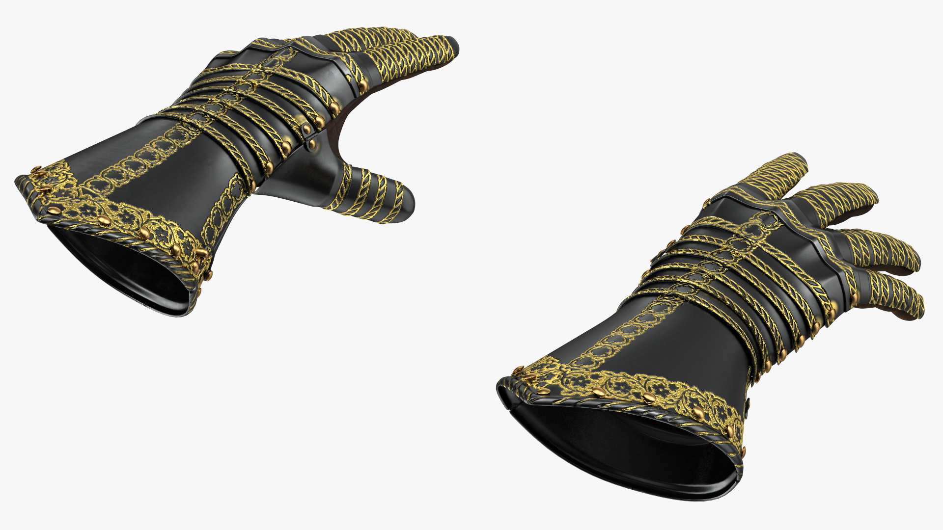 Medieval Knight Black Gold Armor Gauntlets 3D