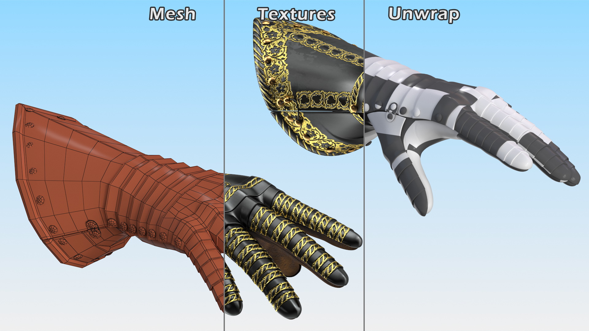 Medieval Knight Black Gold Armor Gauntlets 3D