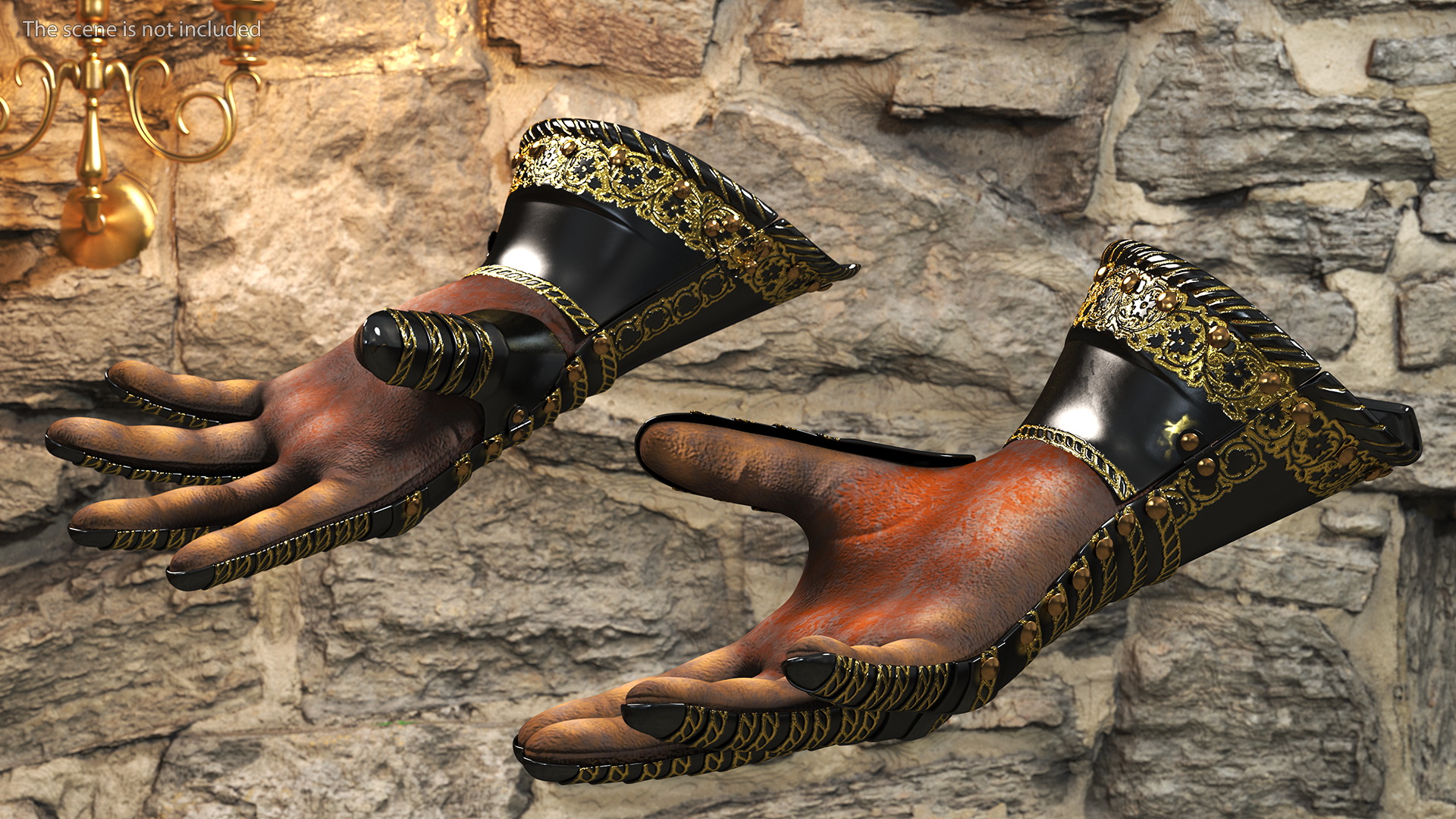 Medieval Knight Black Gold Armor Gauntlets 3D