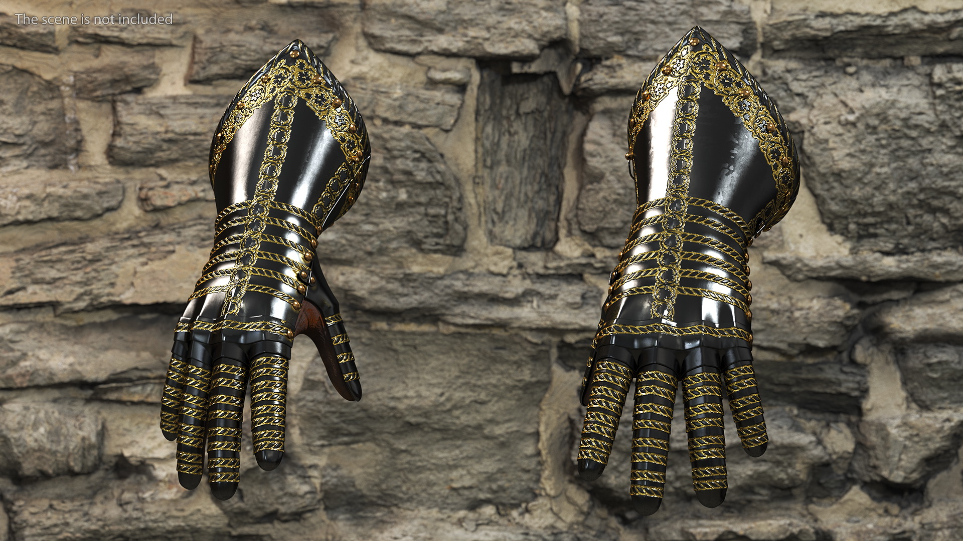Medieval Knight Black Gold Armor Gauntlets 3D