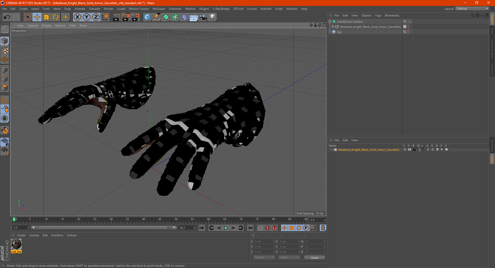 Medieval Knight Black Gold Armor Gauntlets 3D
