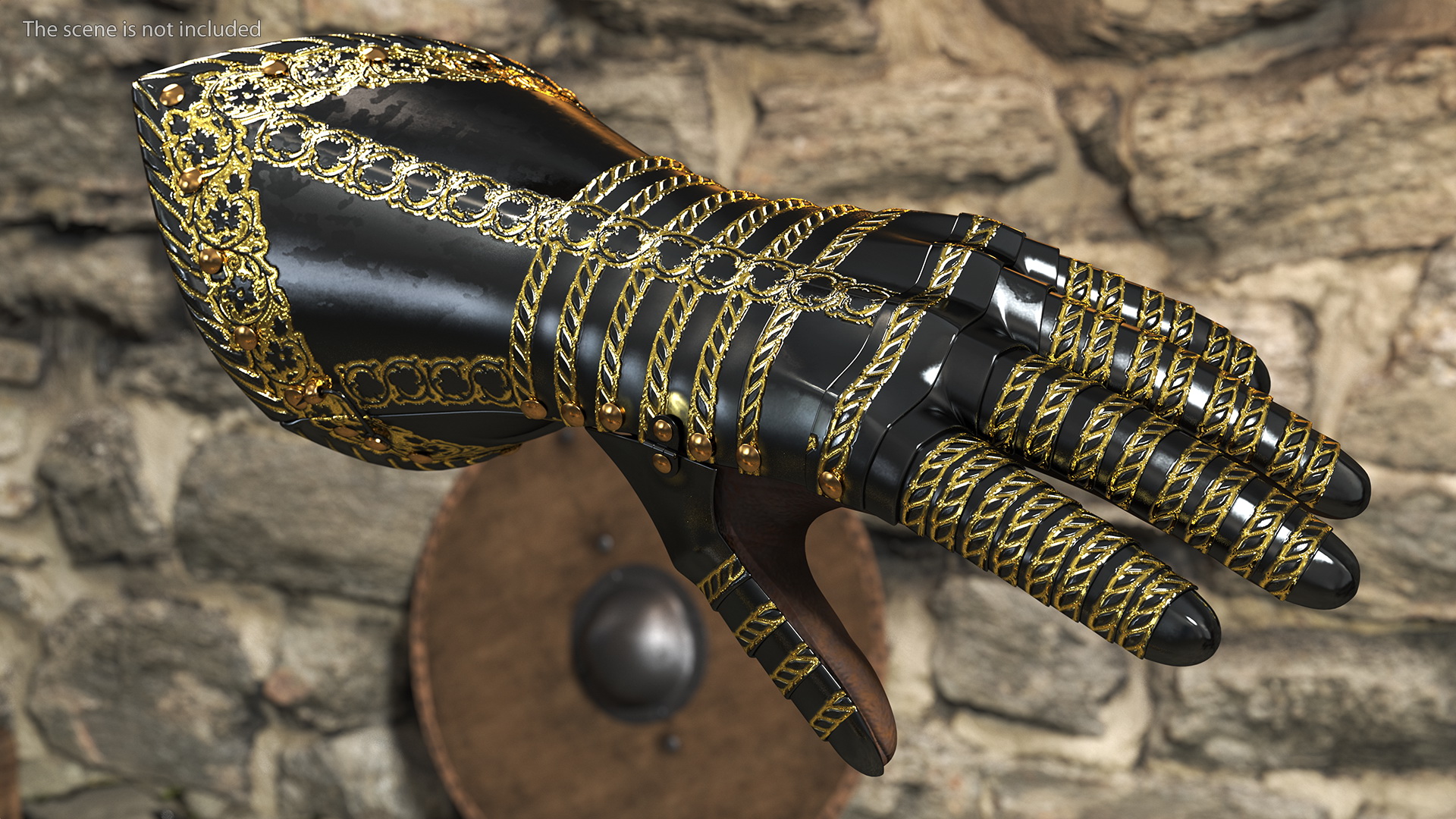 Medieval Knight Black Gold Armor Gauntlets 3D