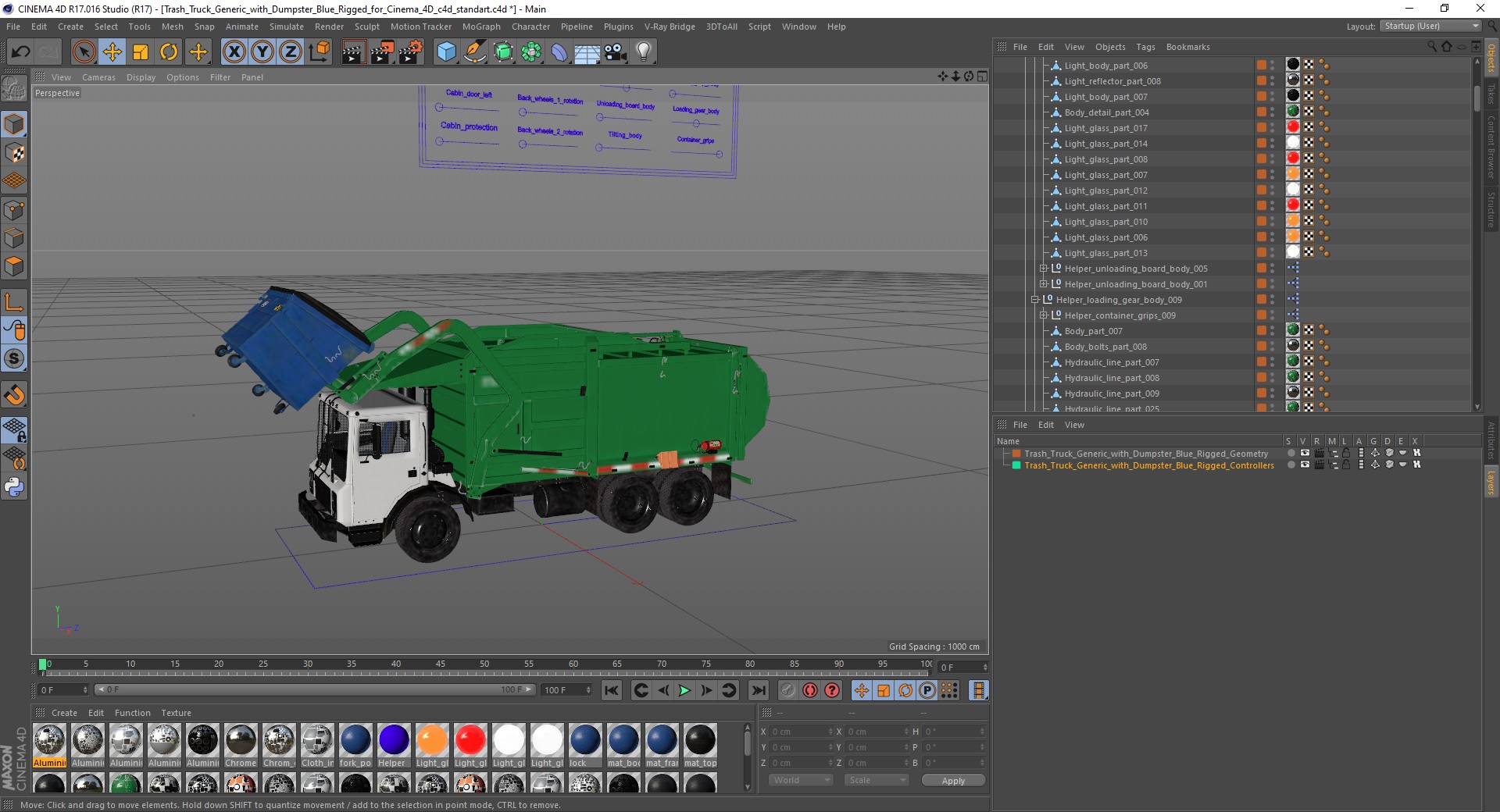 Trash Truck Generic with Dumpster Blue Rigged for Cinema 4D 3D model