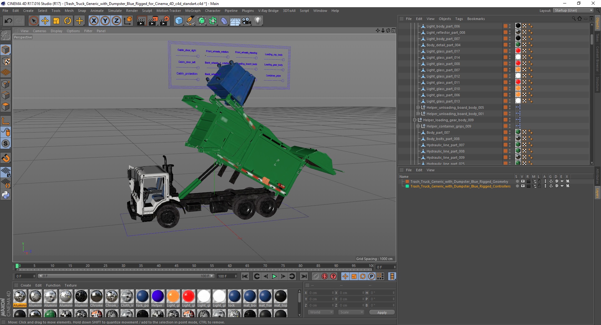 Trash Truck Generic with Dumpster Blue Rigged for Cinema 4D 3D model