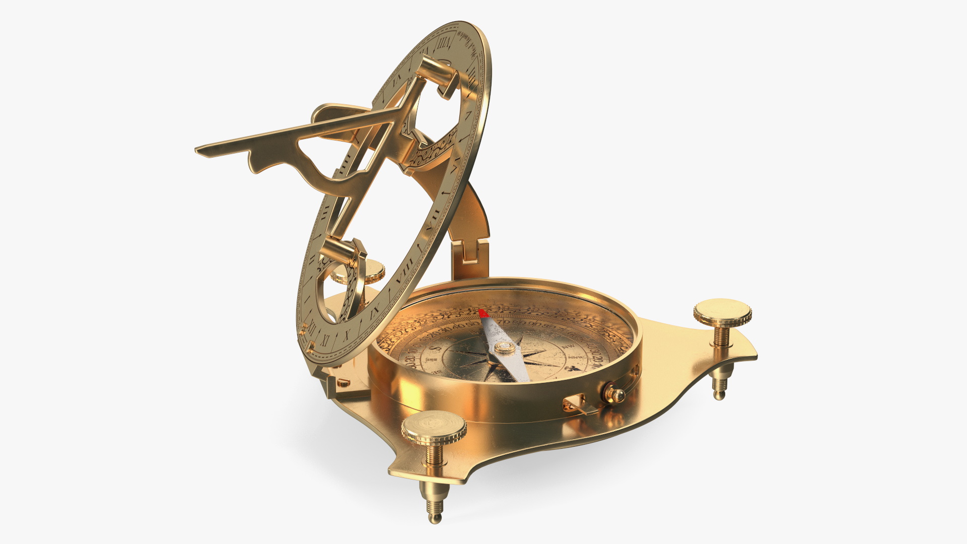 Opened Old Brass Compass with Sundial 3D
