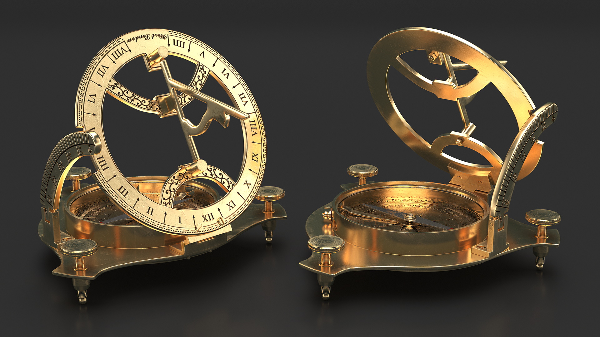 Opened Old Brass Compass with Sundial 3D