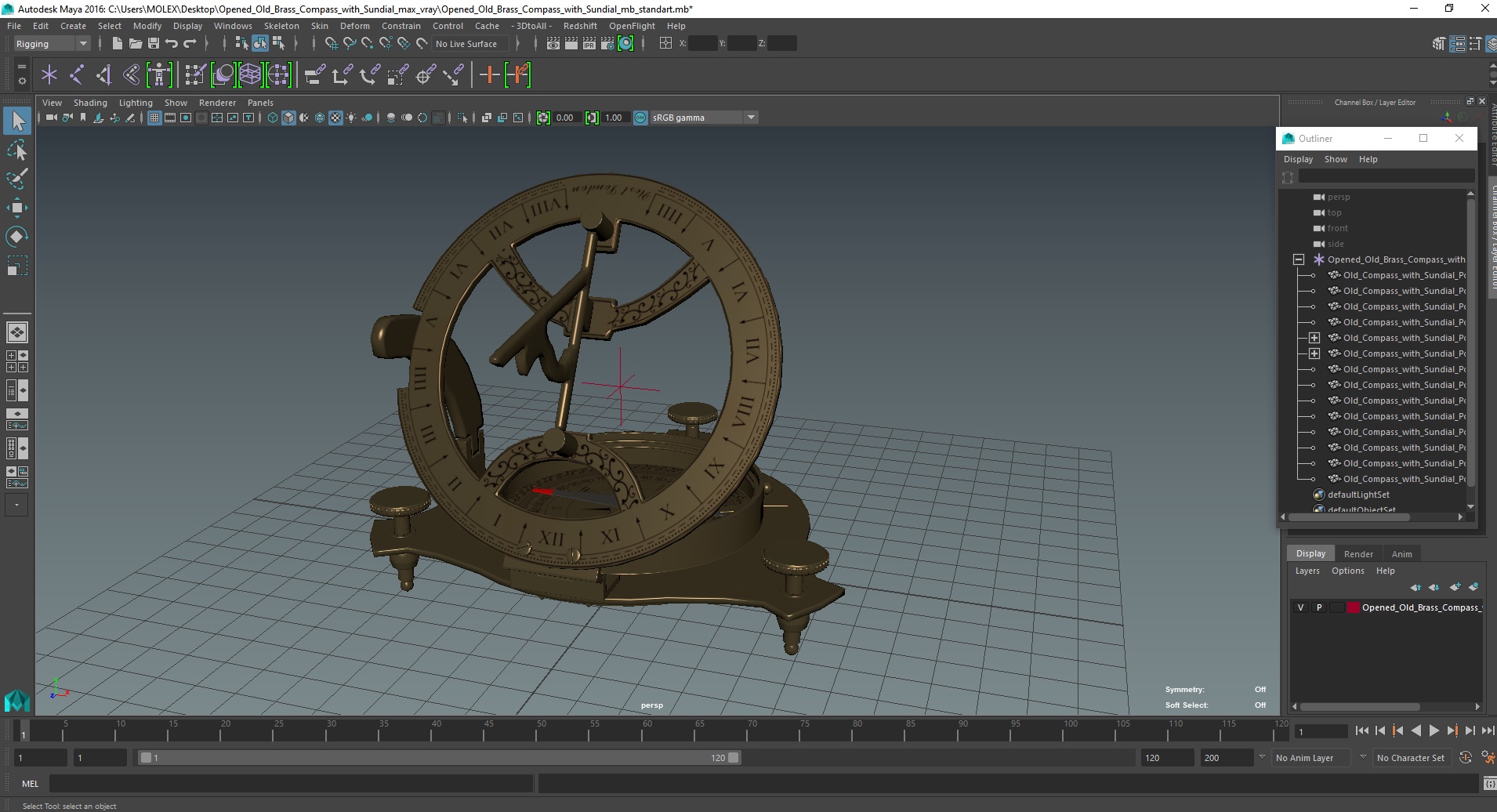 Opened Old Brass Compass with Sundial 3D