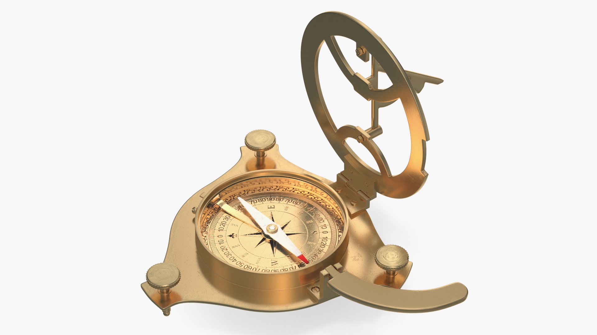 Opened Old Brass Compass with Sundial 3D
