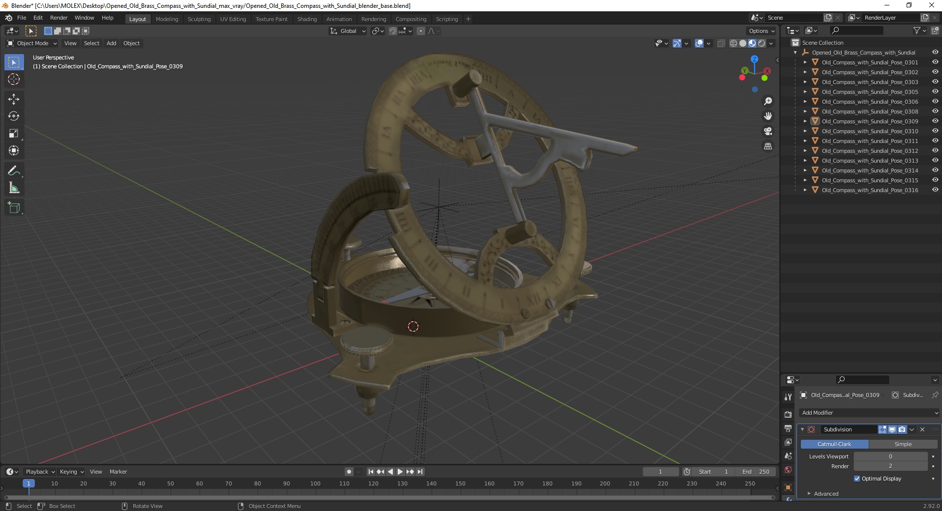 Opened Old Brass Compass with Sundial 3D