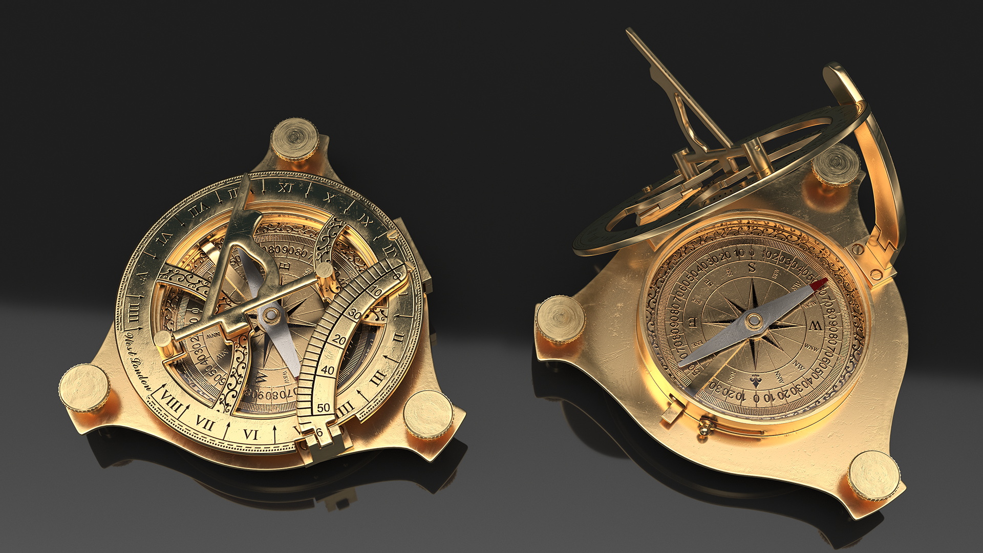 Opened Old Brass Compass with Sundial 3D