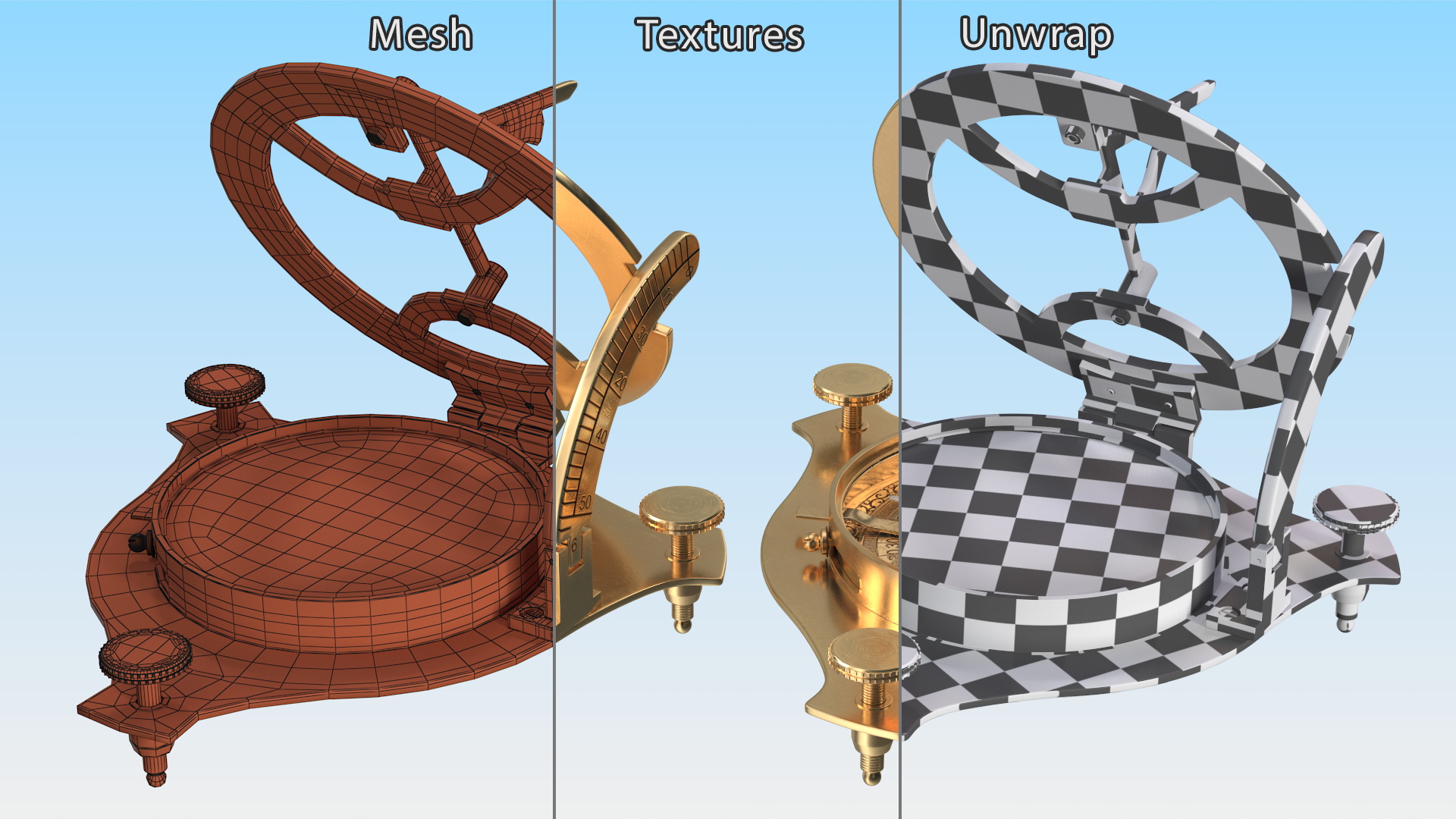 Opened Old Brass Compass with Sundial 3D