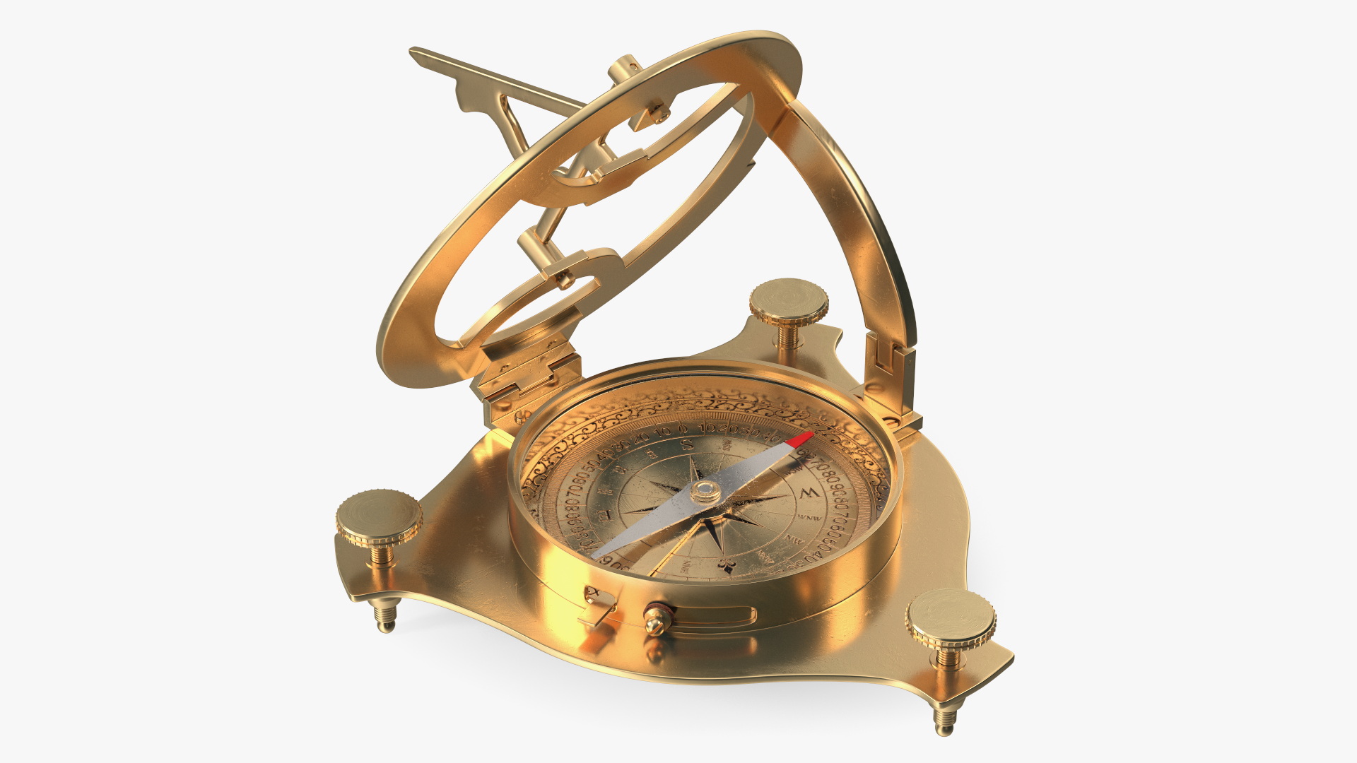 Opened Old Brass Compass with Sundial 3D