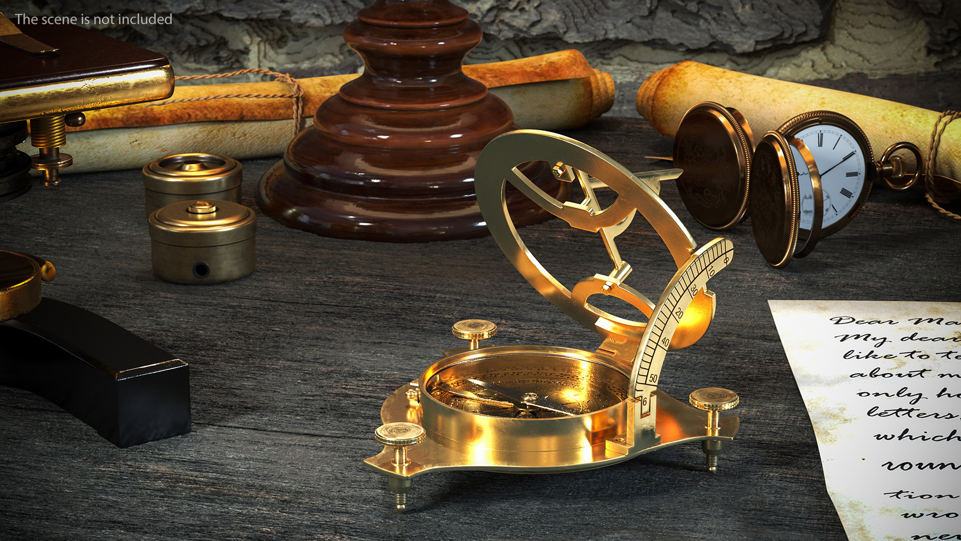 Opened Old Brass Compass with Sundial 3D