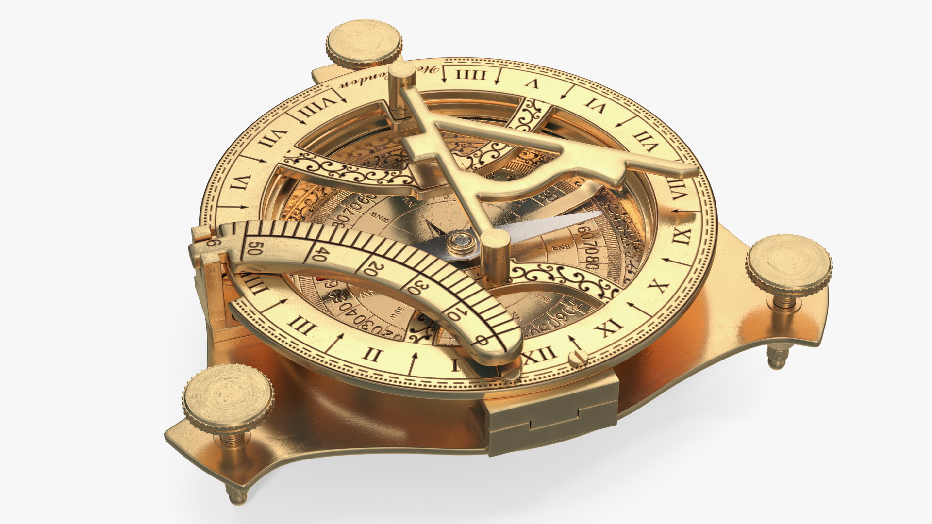 Opened Old Brass Compass with Sundial 3D