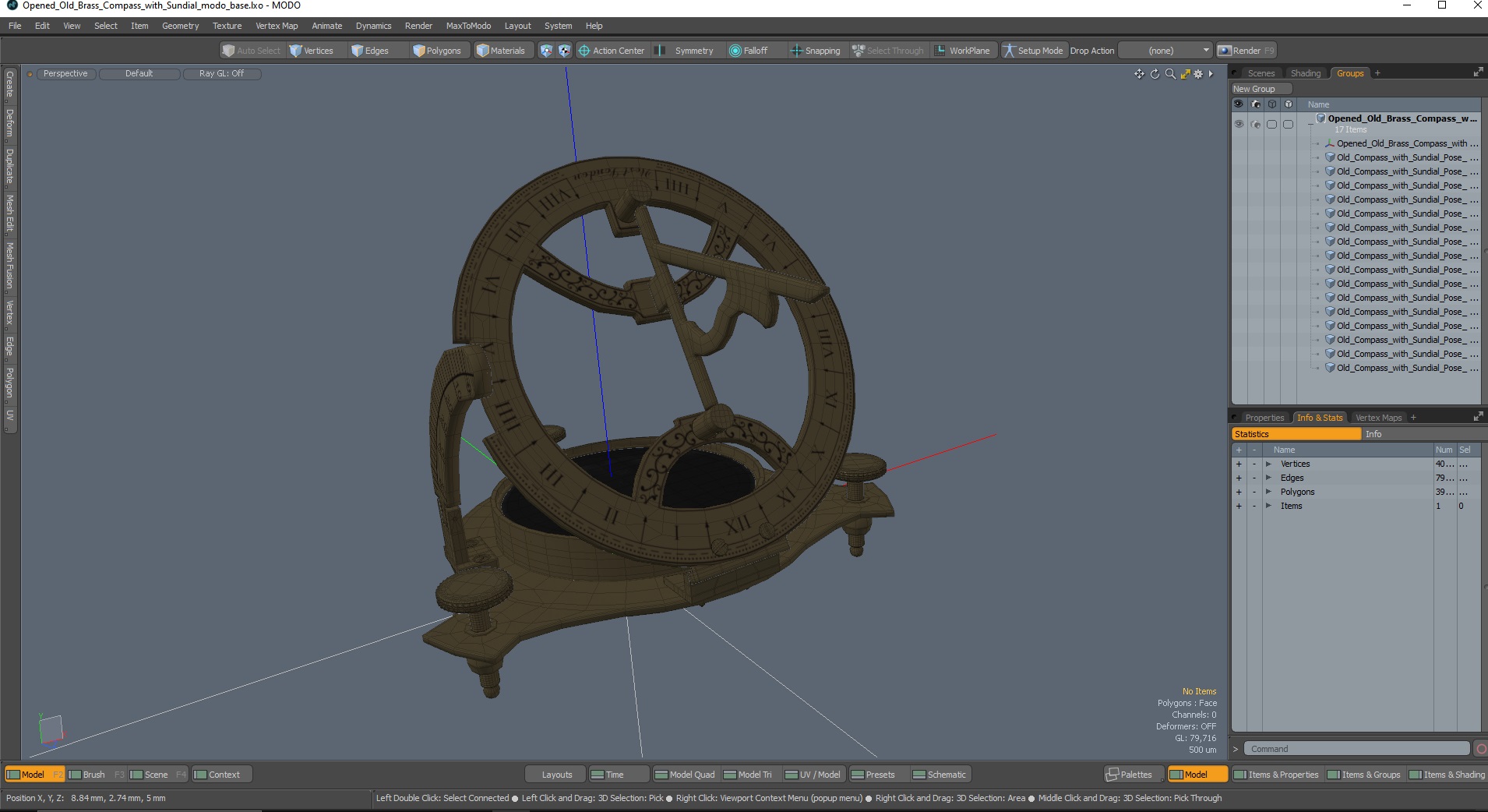 Opened Old Brass Compass with Sundial 3D