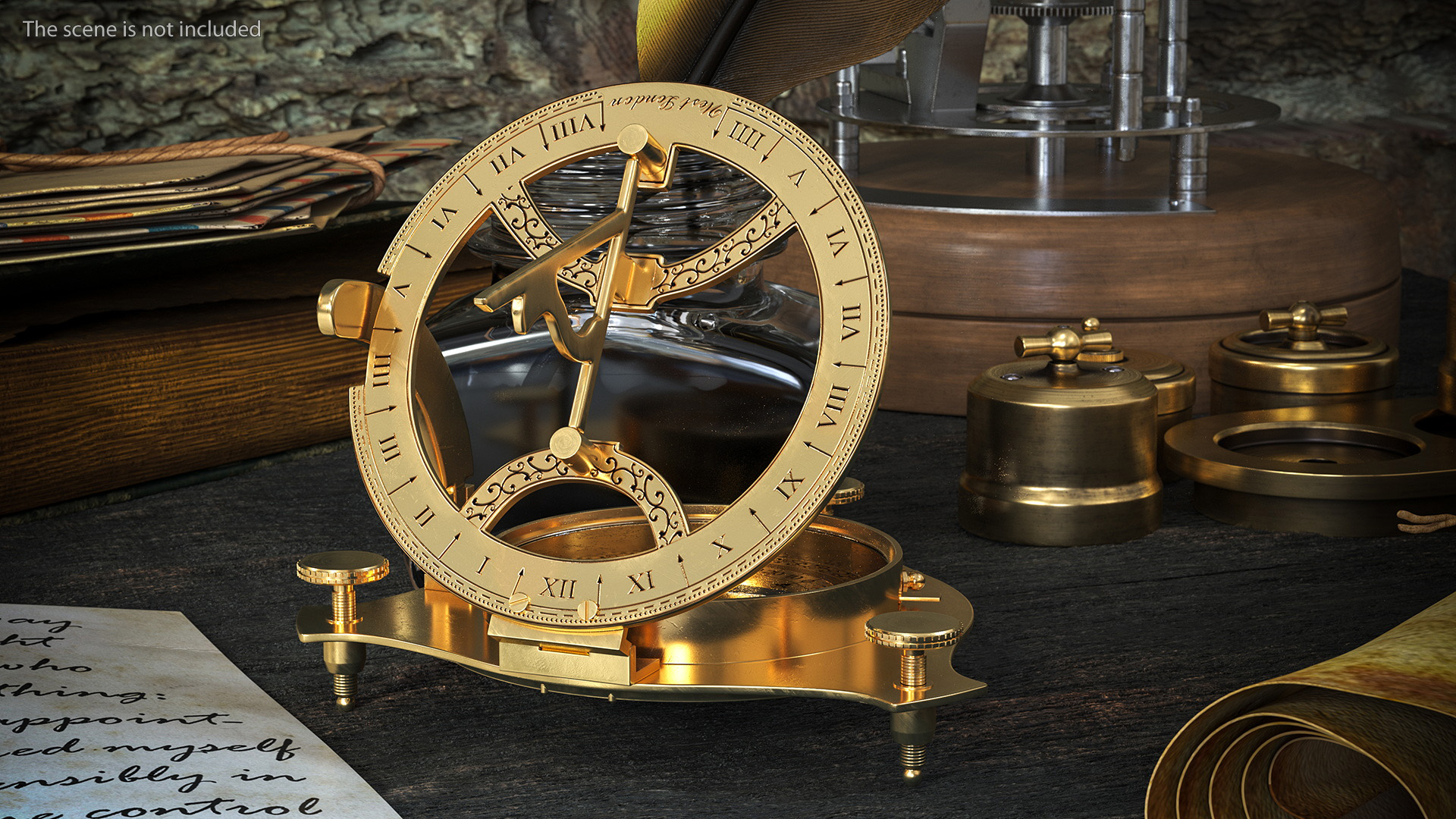 Opened Old Brass Compass with Sundial 3D