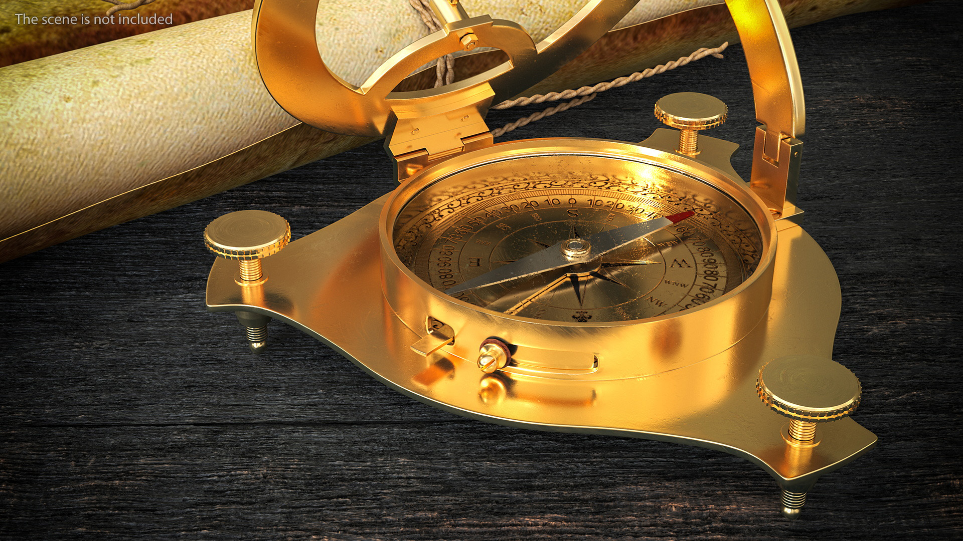 Opened Old Brass Compass with Sundial 3D