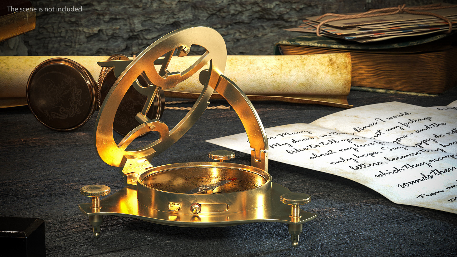 Opened Old Brass Compass with Sundial 3D