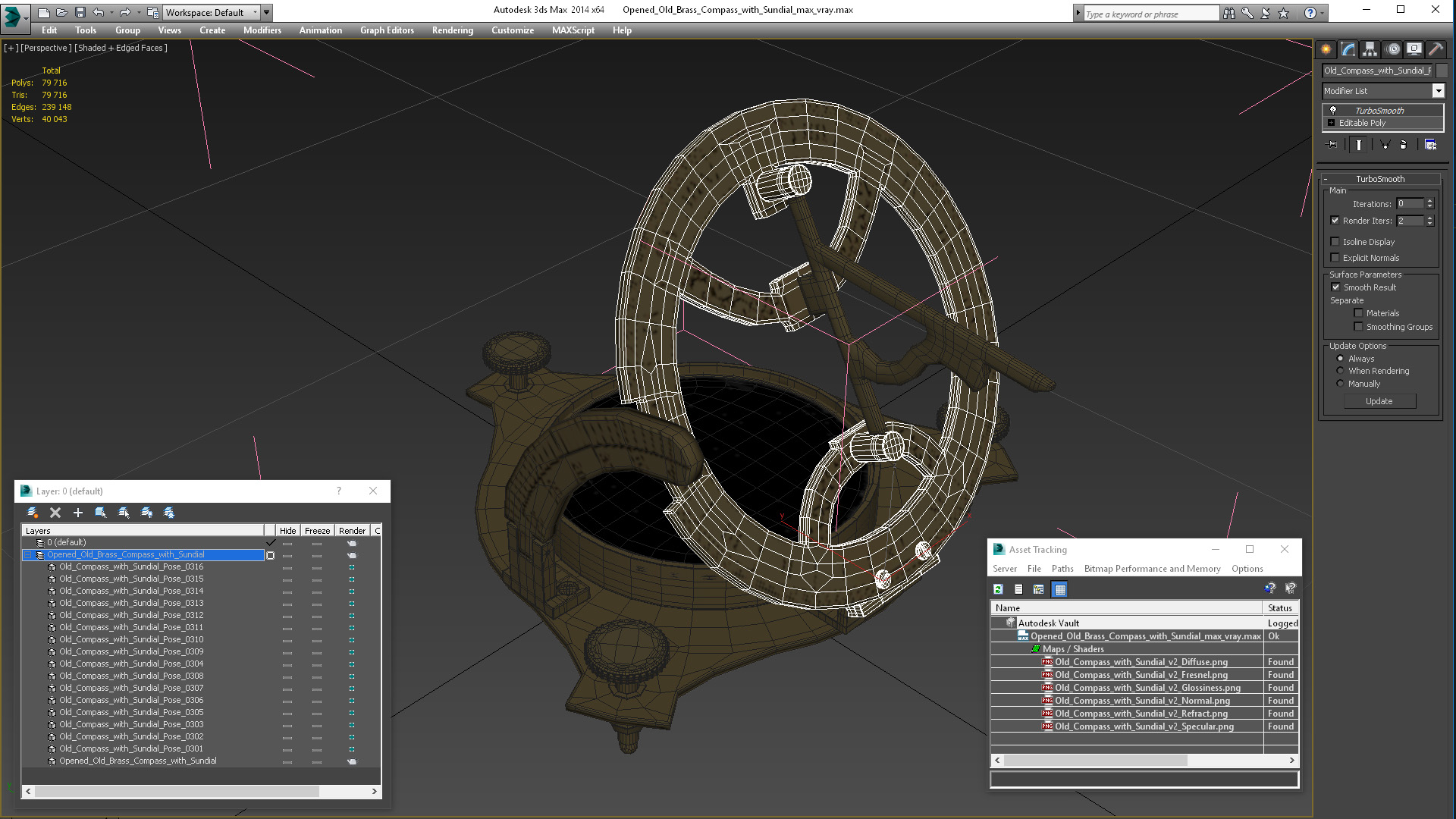 Opened Old Brass Compass with Sundial 3D
