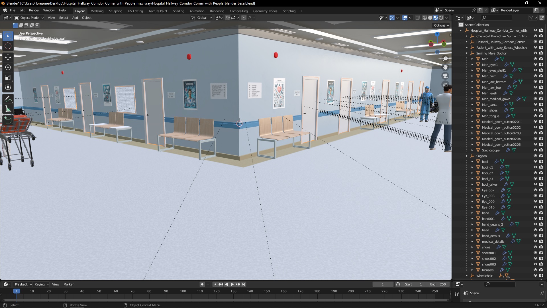 Hospital Hallway Corridor Corner with People 3D model