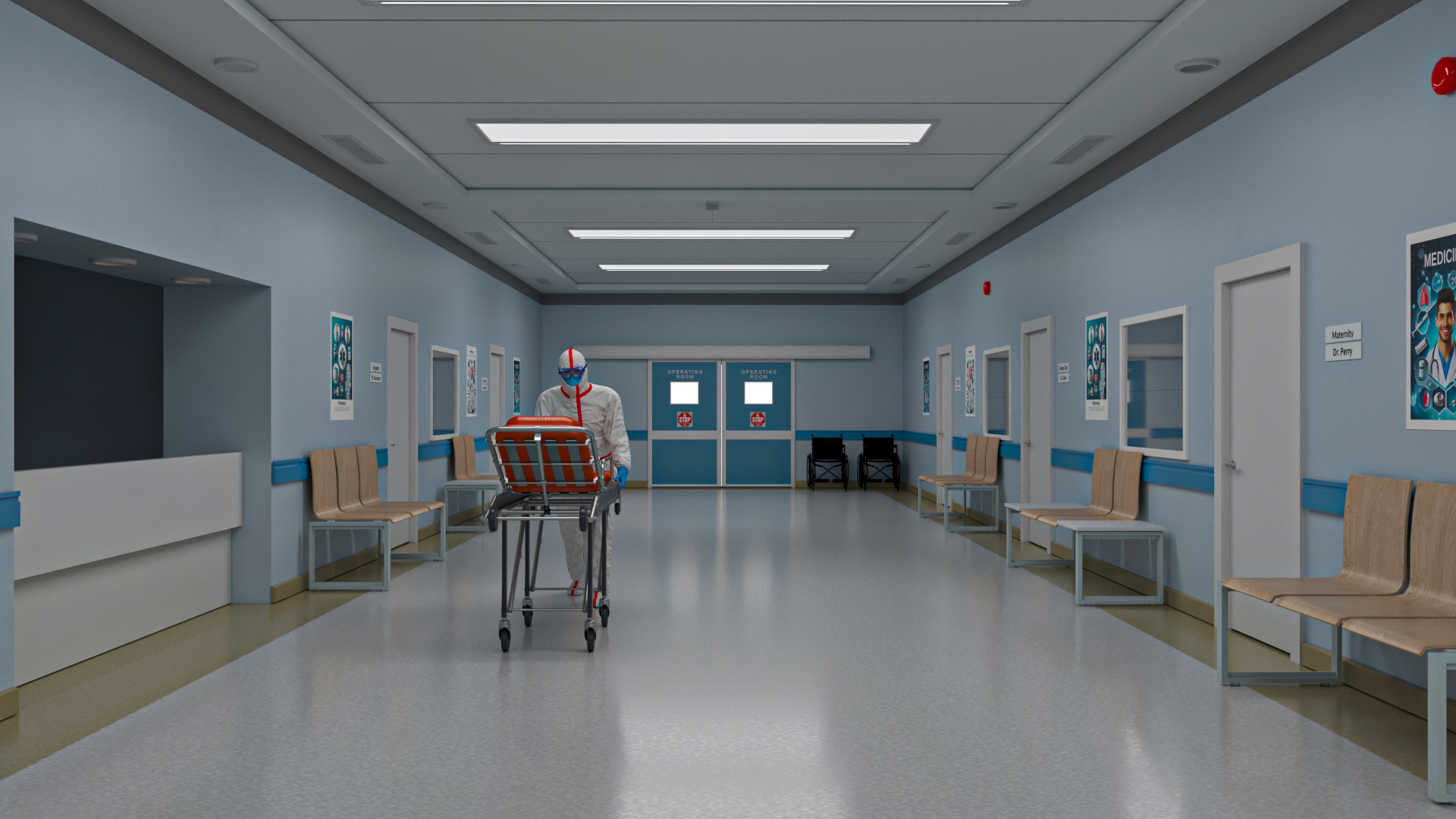Hospital Hallway Corridor Corner with People 3D model
