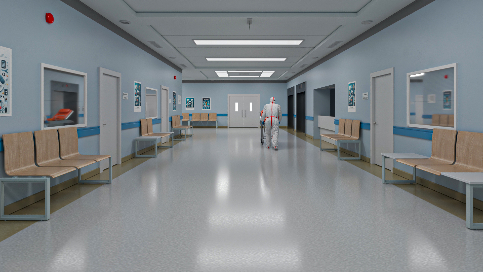 Hospital Hallway Corridor Corner with People 3D model