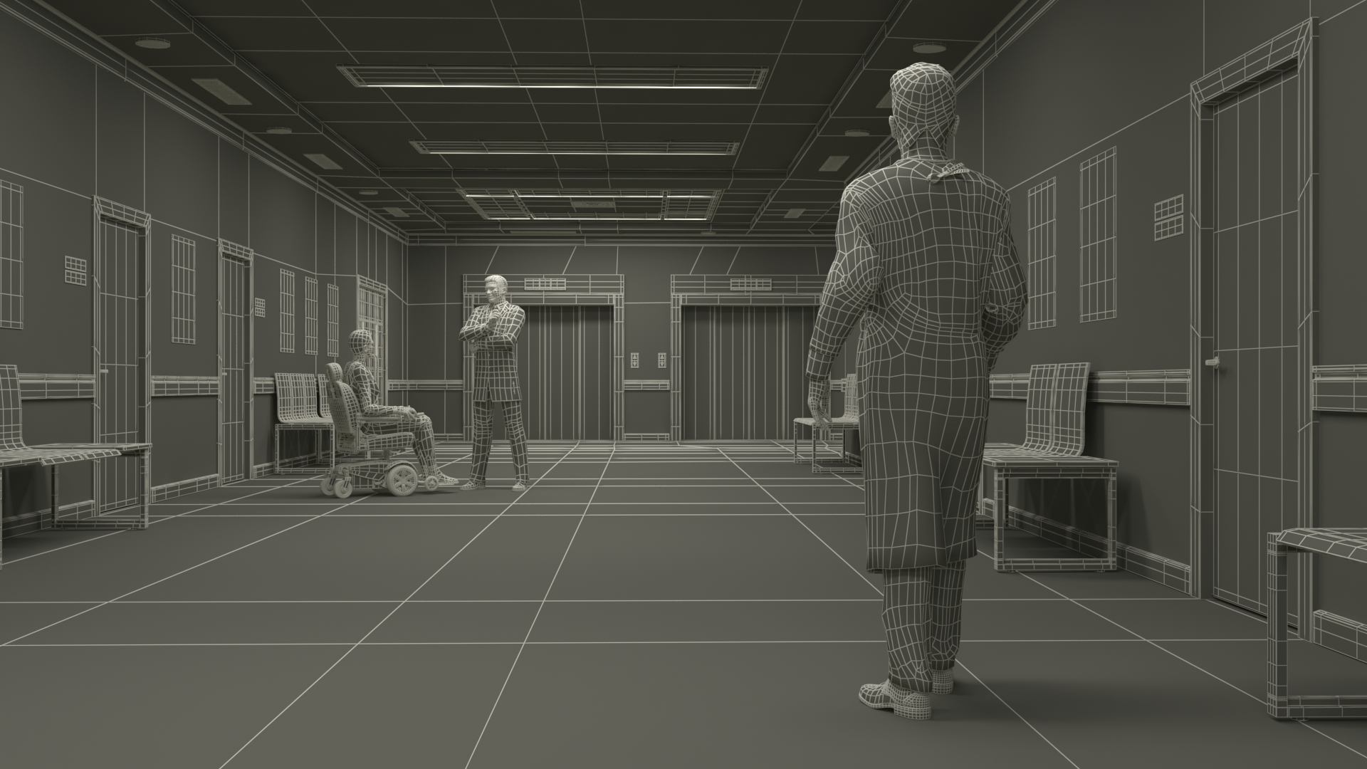 Hospital Hallway Corridor Corner with People 3D model