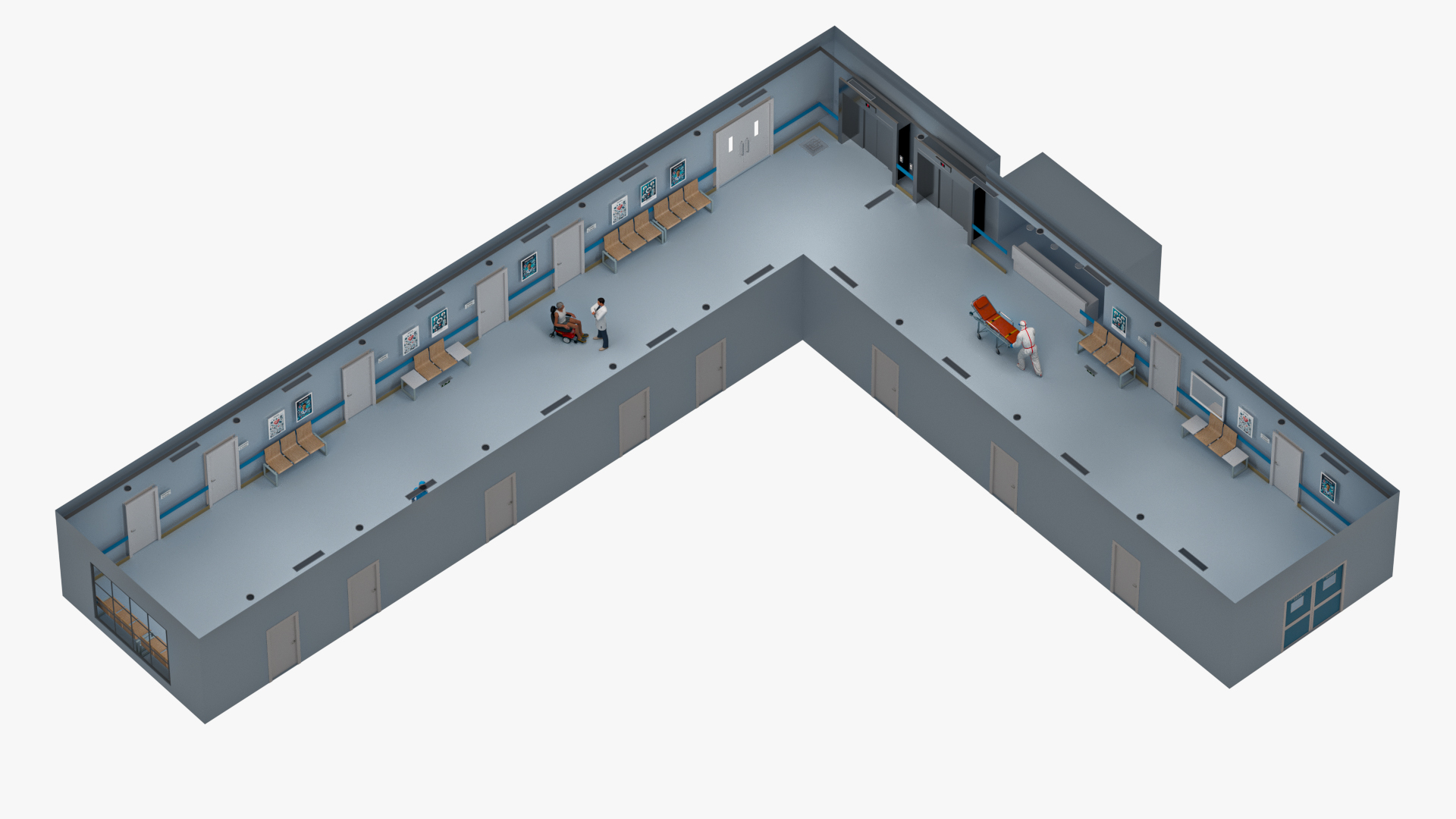 Hospital Hallway Corridor Corner with People 3D model