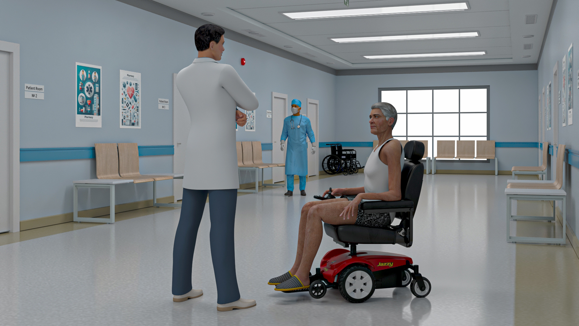 Hospital Hallway Corridor Corner with People 3D model