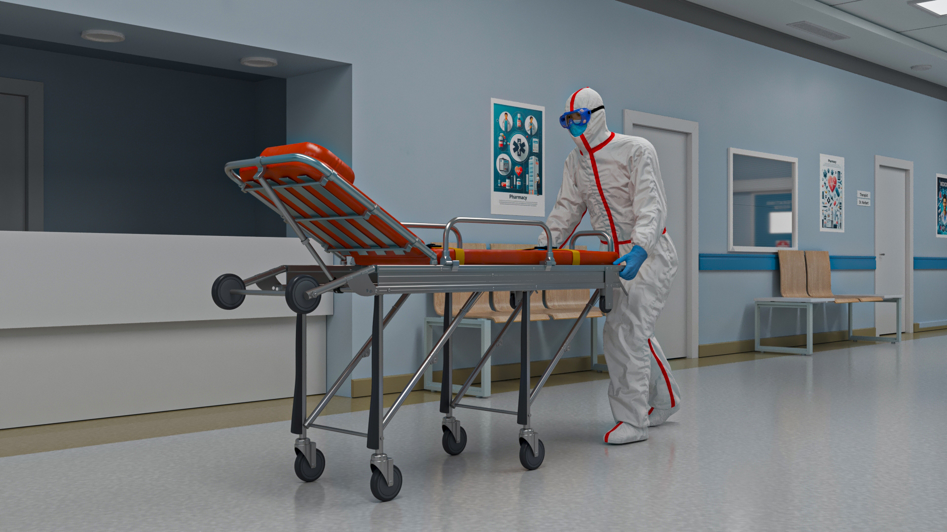 Hospital Hallway Corridor Corner with People 3D model