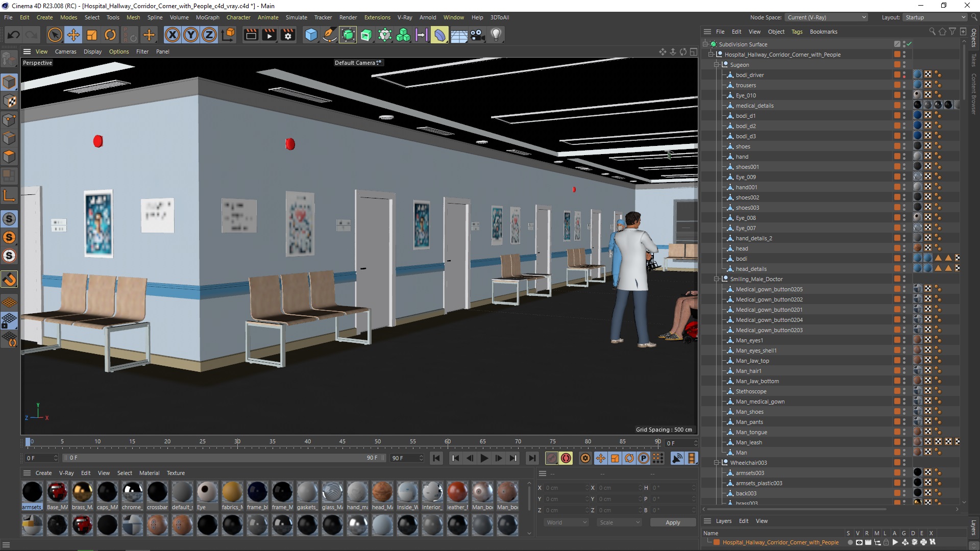 Hospital Hallway Corridor Corner with People 3D model