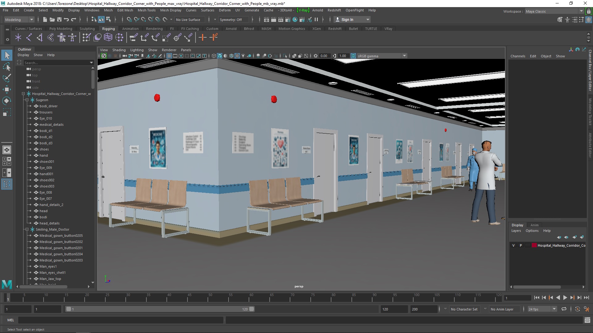 Hospital Hallway Corridor Corner with People 3D model