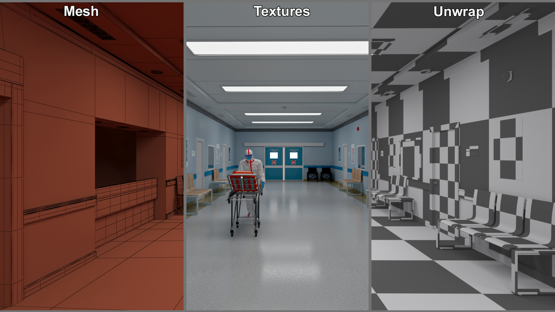 Hospital Hallway Corridor Corner with People 3D model