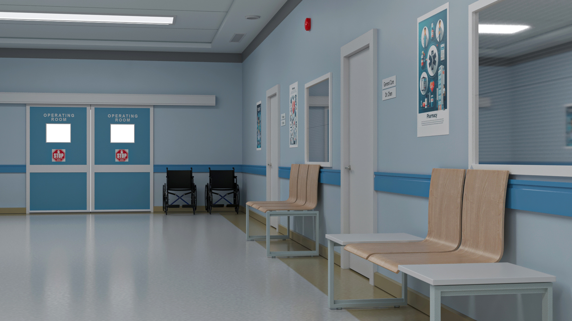 Hospital Hallway Corridor Corner with People 3D model