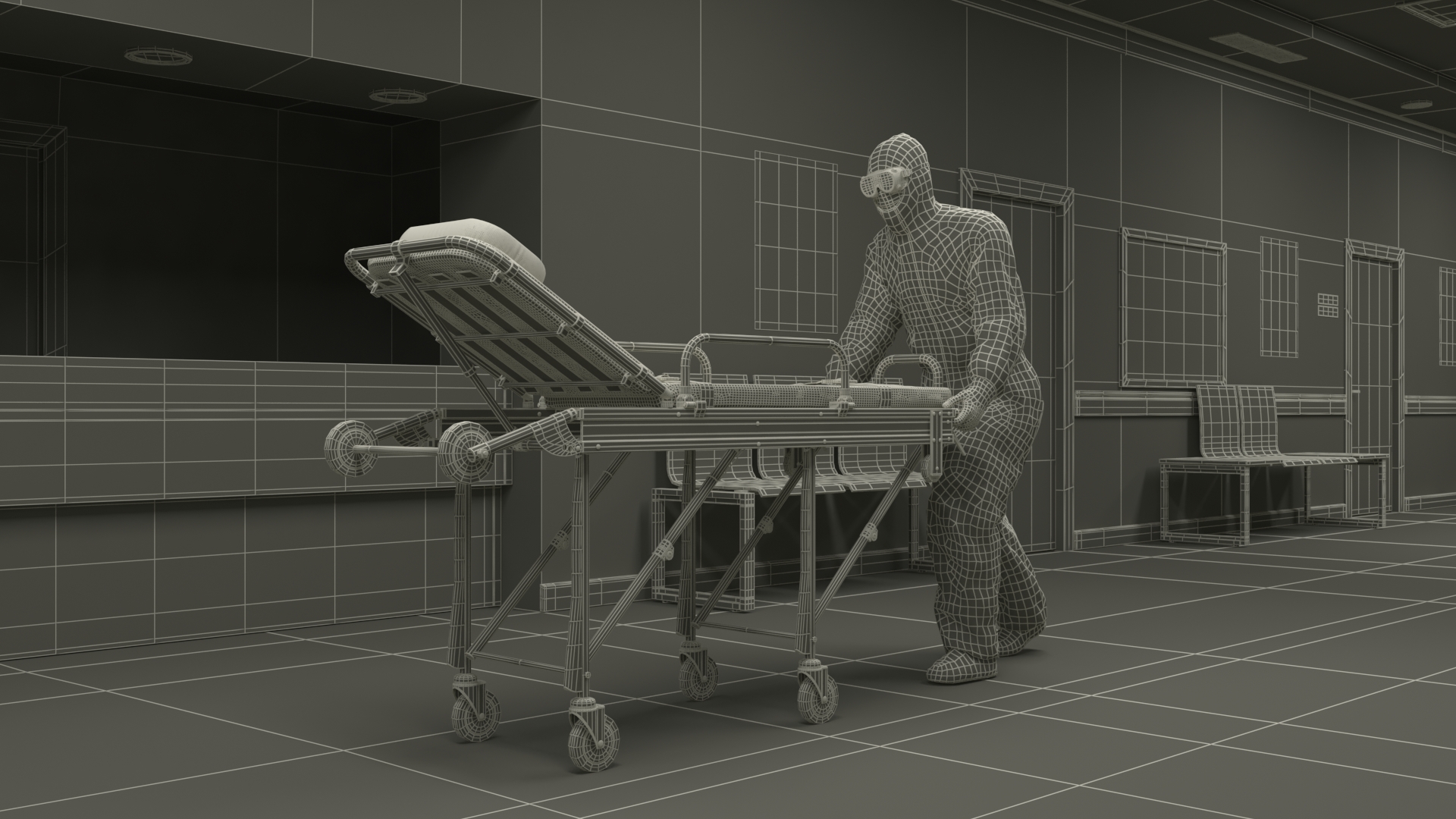 Hospital Hallway Corridor Corner with People 3D model