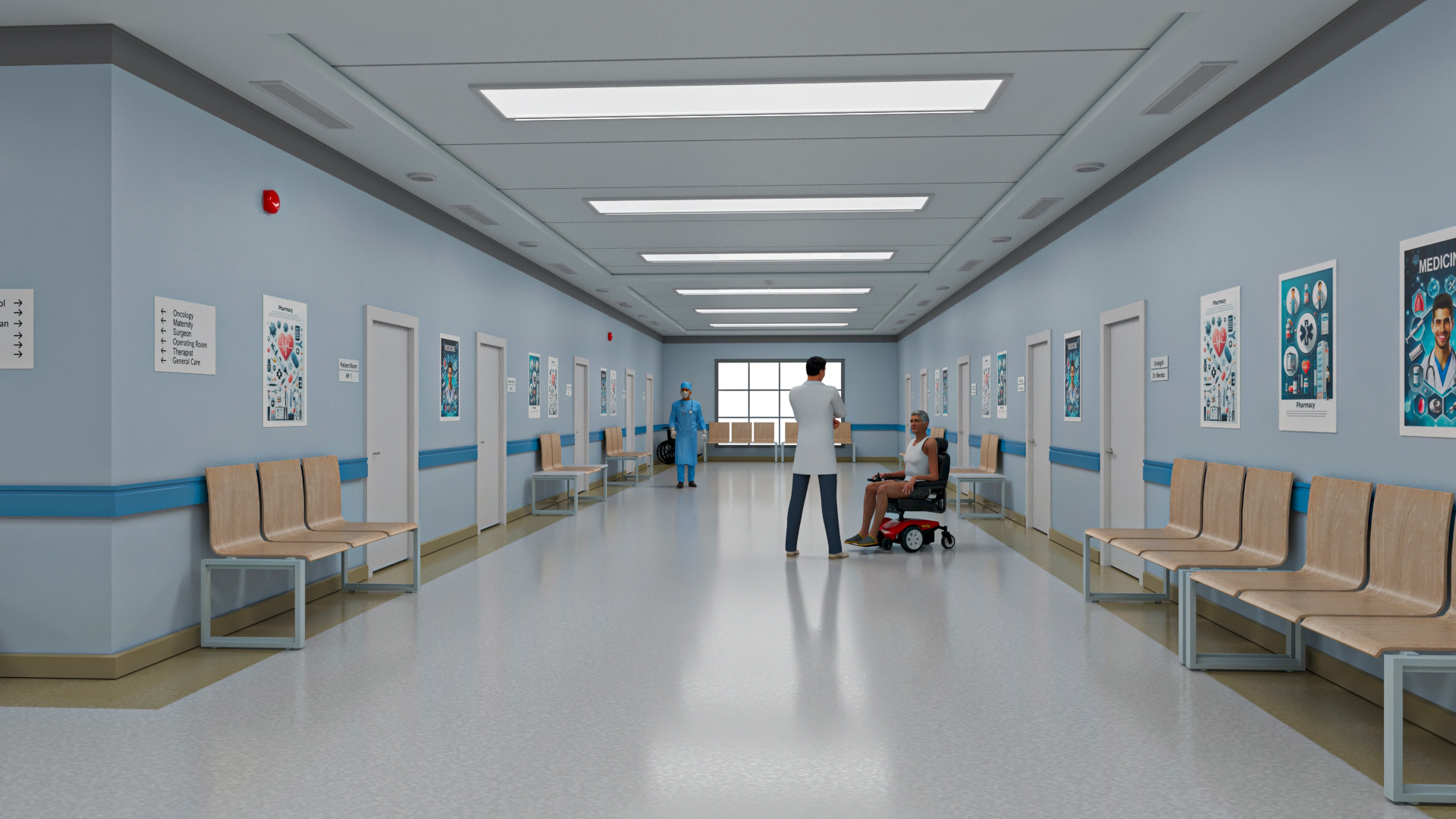 Hospital Hallway Corridor Corner with People 3D model