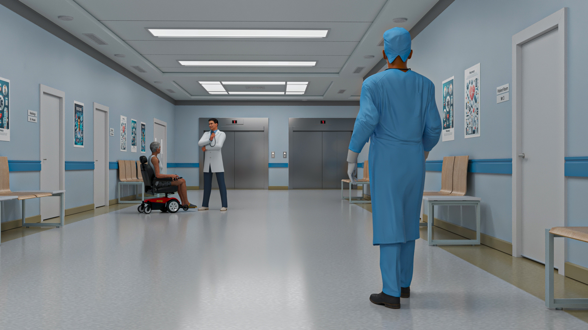 Hospital Hallway Corridor Corner with People 3D model