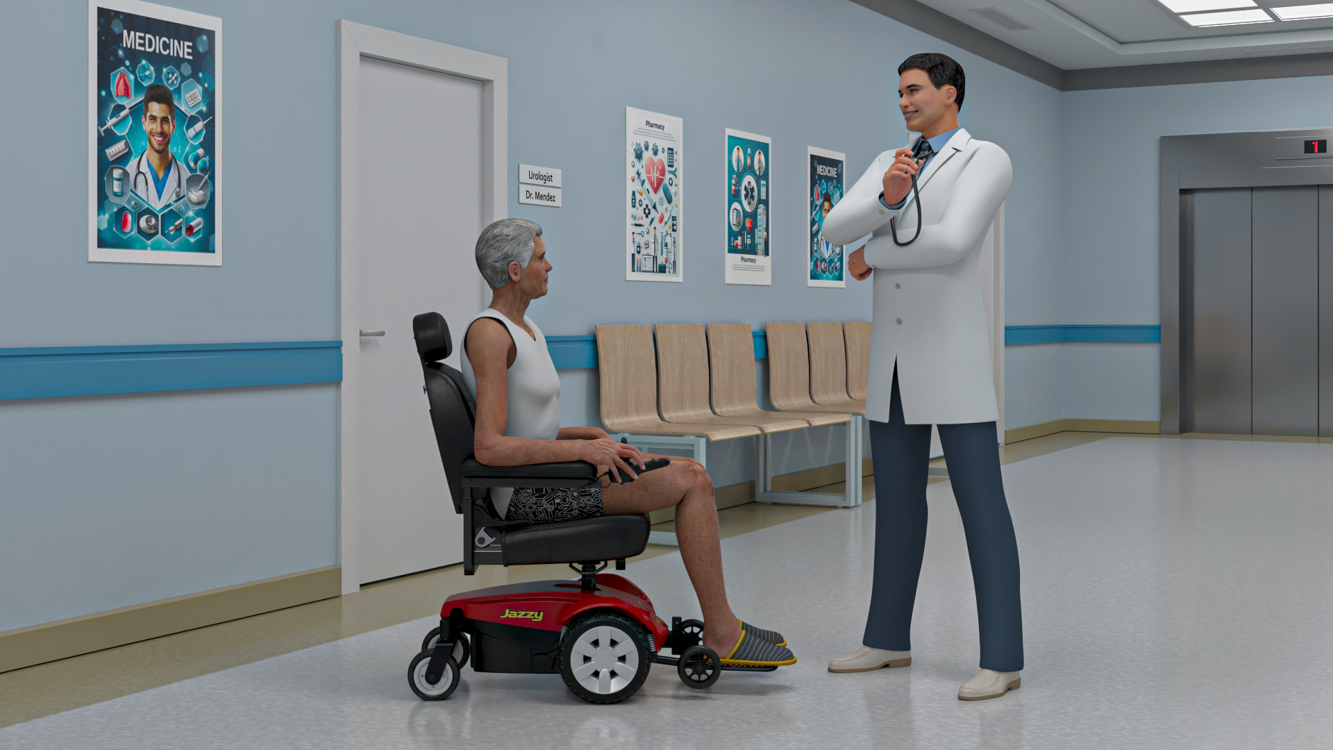 Hospital Hallway Corridor Corner with People 3D model