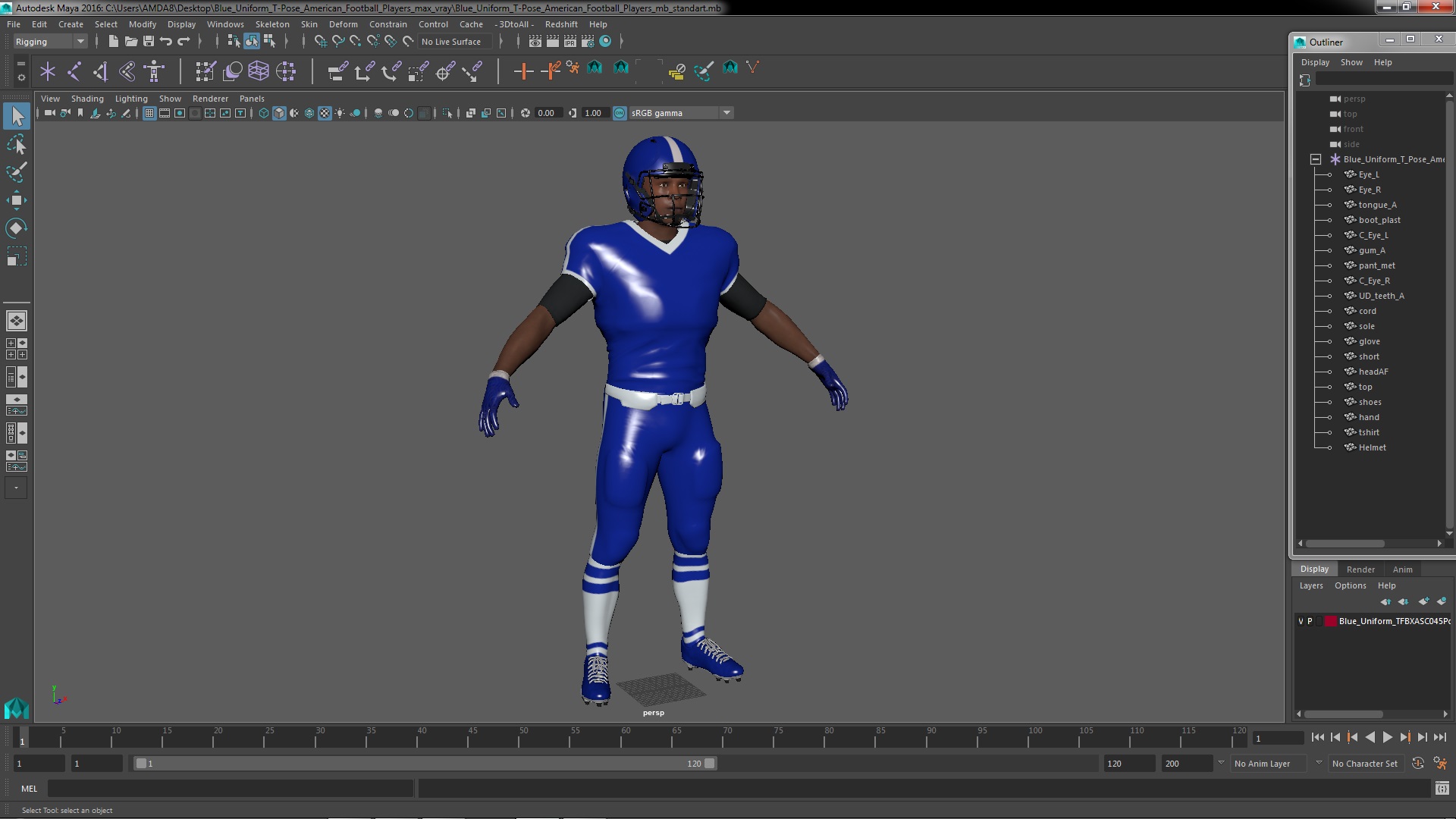 3D model Blue Uniform T-Pose American Football Players