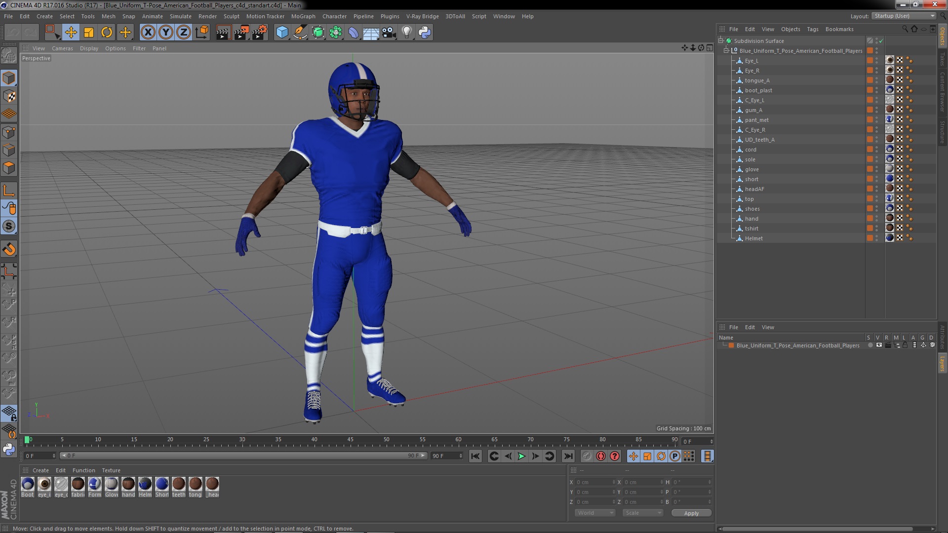 3D model Blue Uniform T-Pose American Football Players