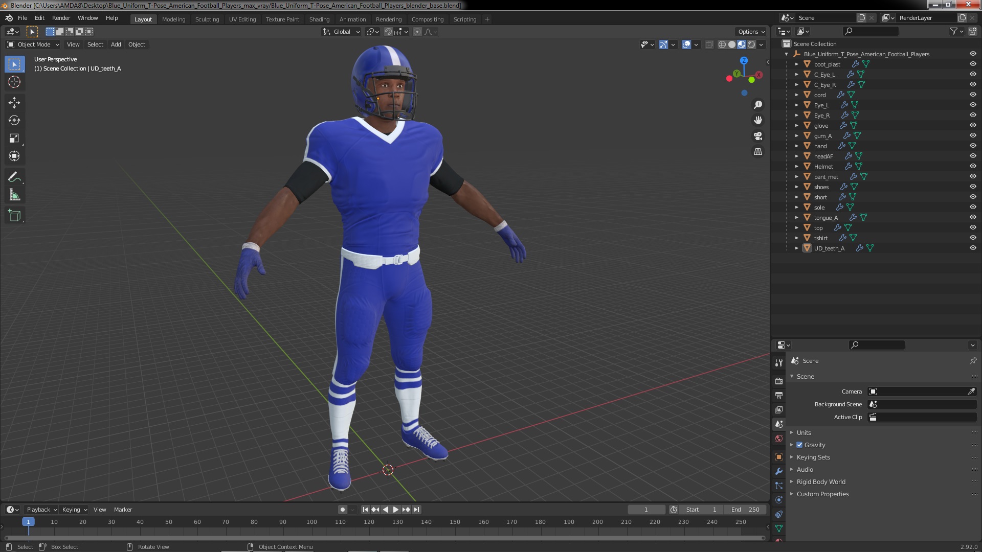 3D model Blue Uniform T-Pose American Football Players