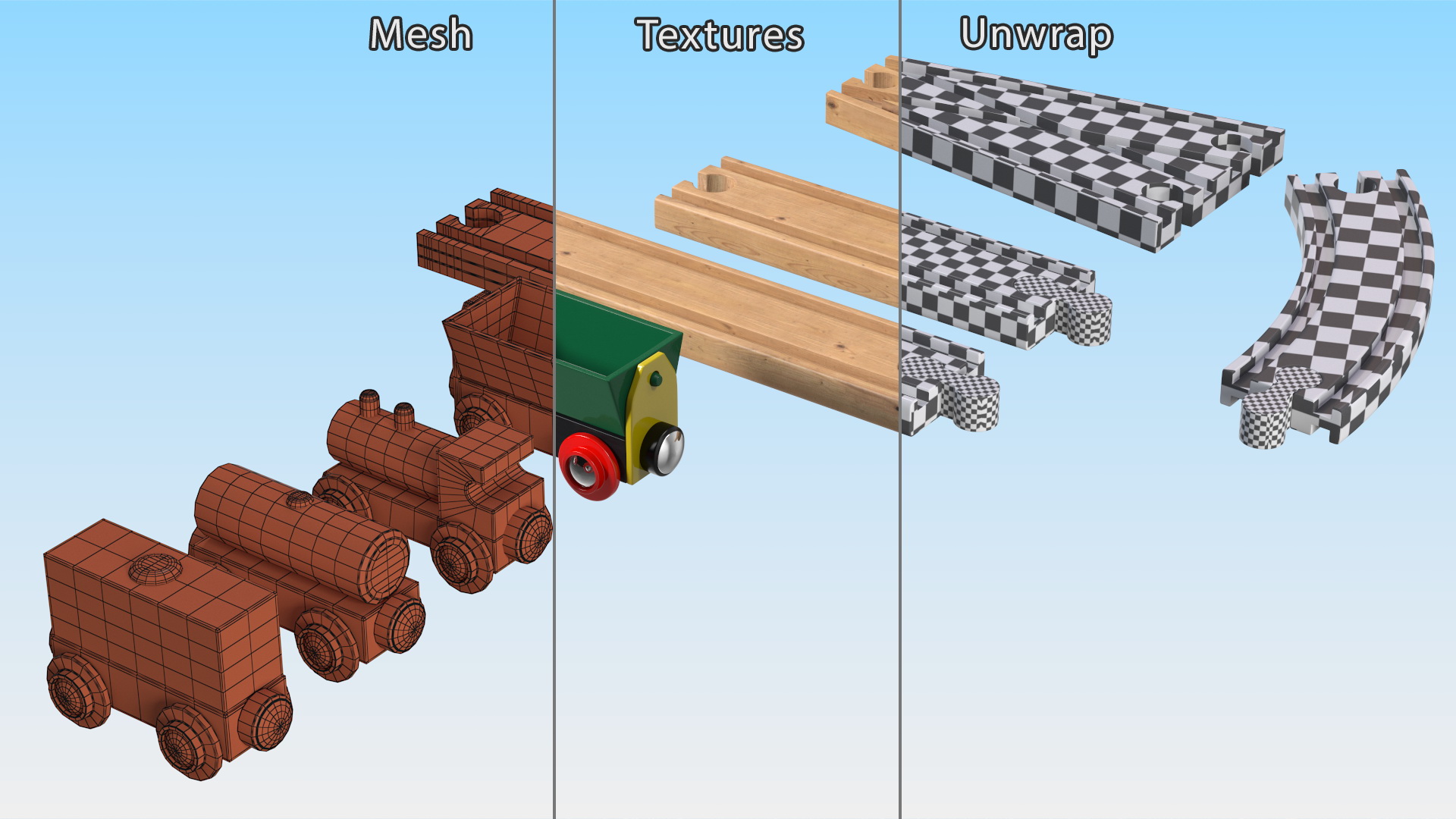 Wooden Toy Train Set with Tracks 3D
