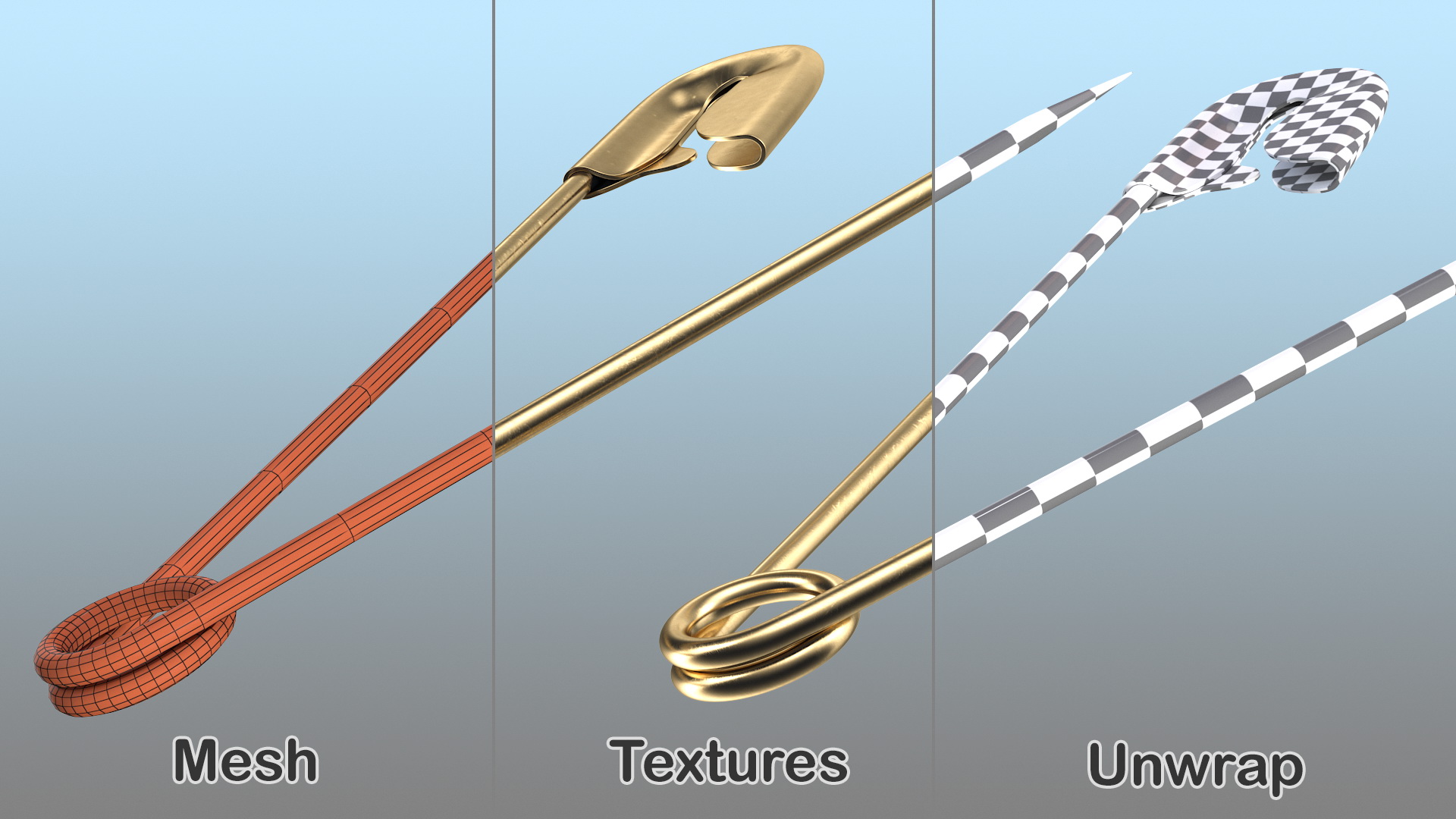 Golden Safety Pin Opened 3D model