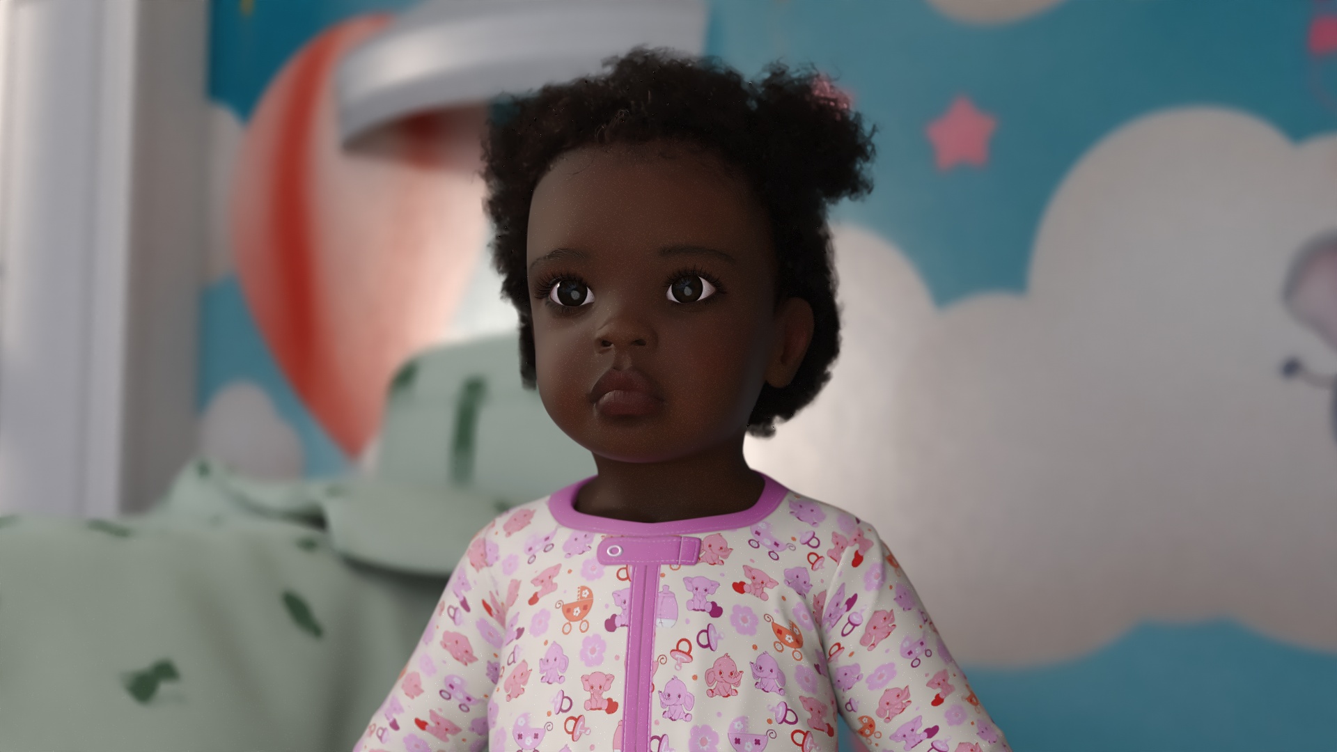 3D Black Baby Girl Wearing Full Bodysuit A-Pose Fur model