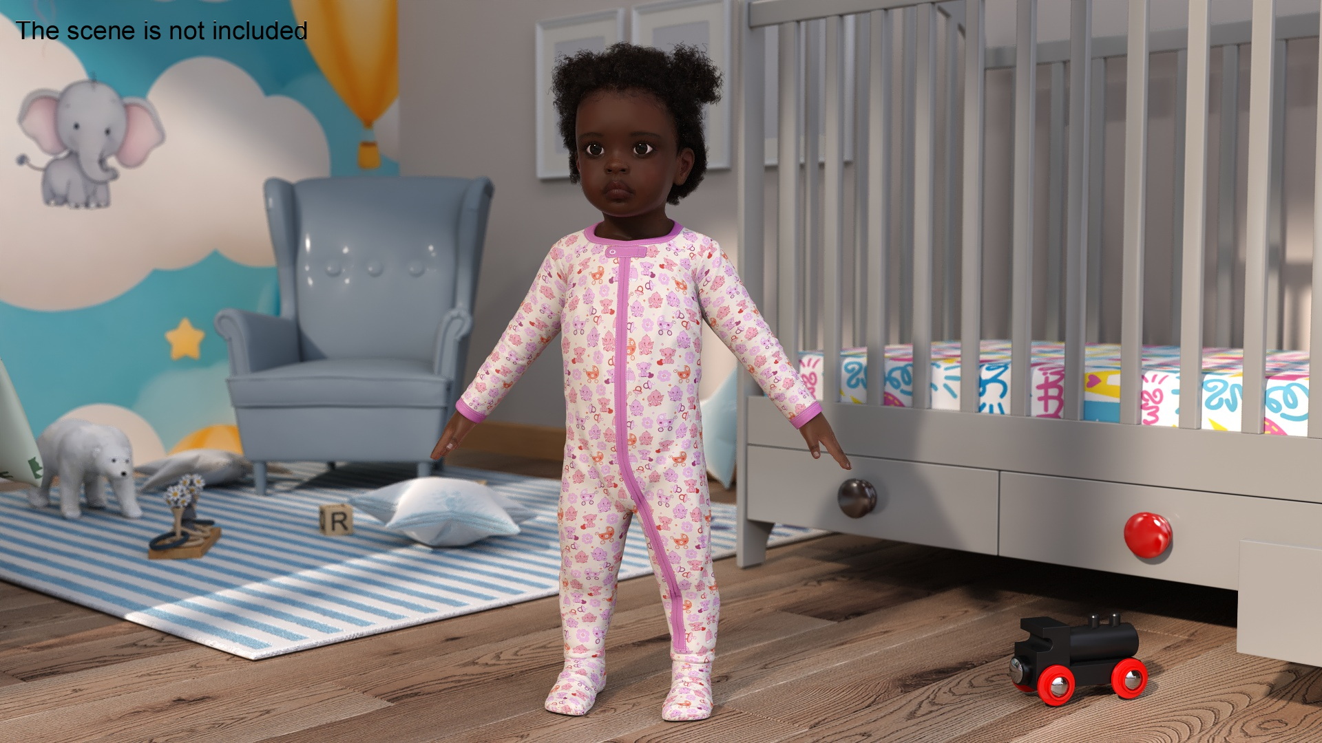3D Black Baby Girl Wearing Full Bodysuit A-Pose Fur model