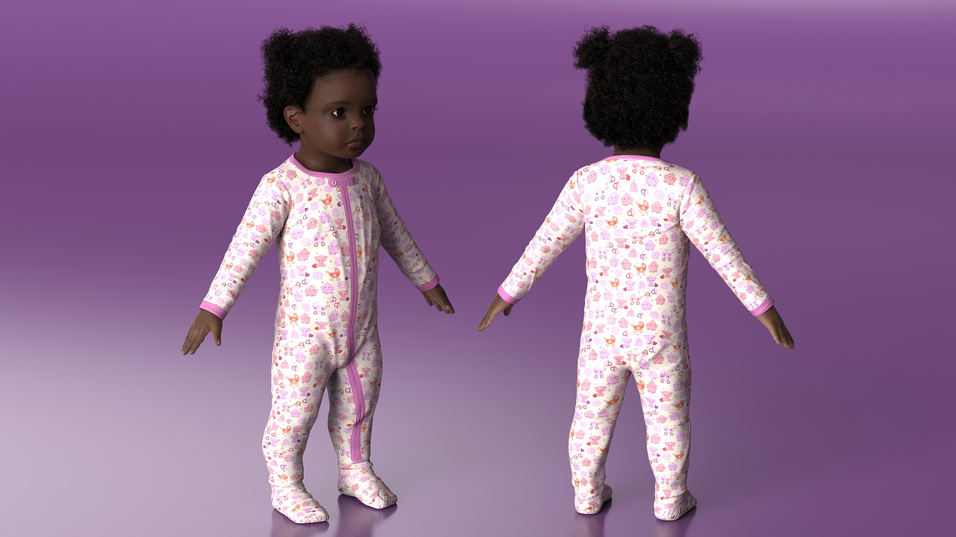 3D Black Baby Girl Wearing Full Bodysuit A-Pose Fur model