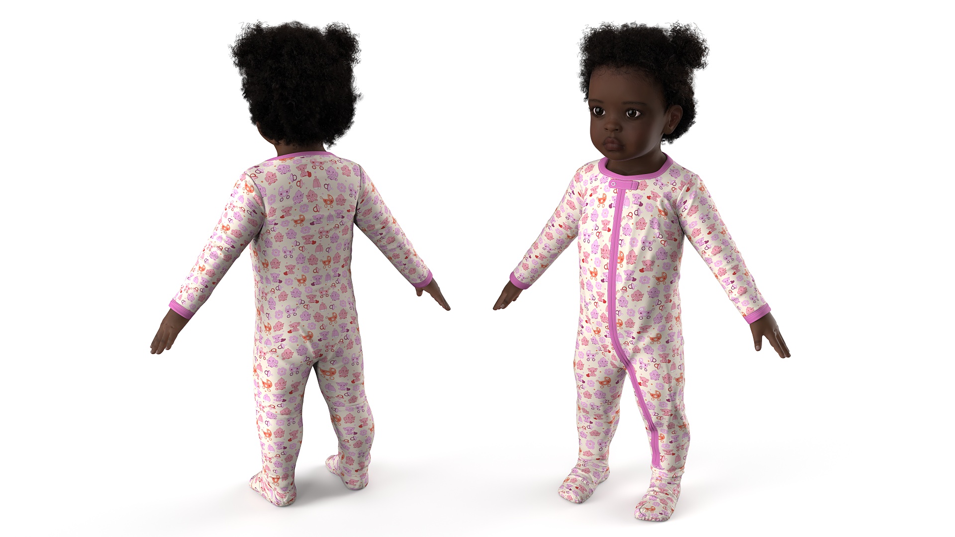 3D Black Baby Girl Wearing Full Bodysuit A-Pose Fur model